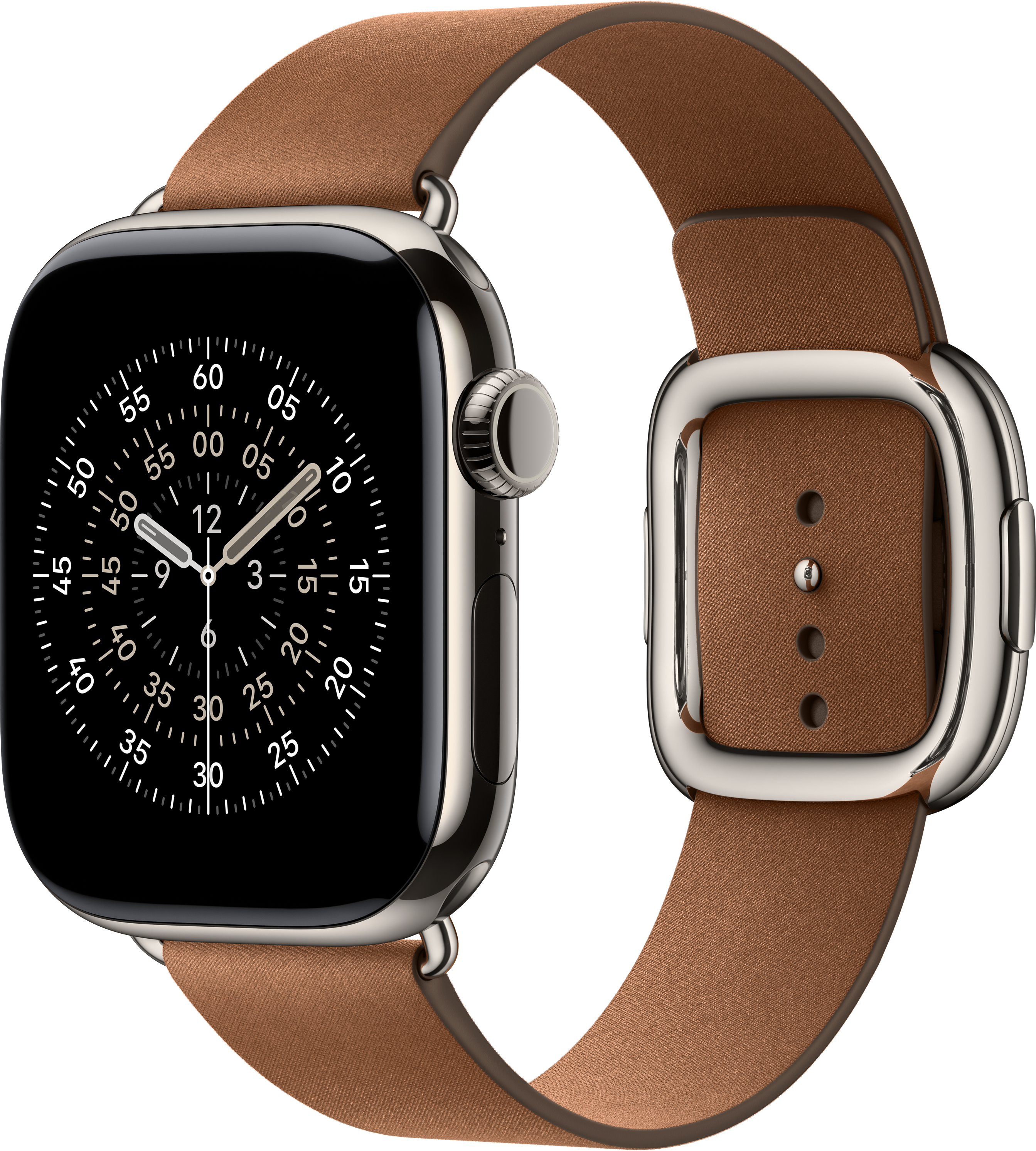 Une Apple Watch argentée avec un bracelet en cuir marron. Le cadran affiche l'heure. Fond noir.