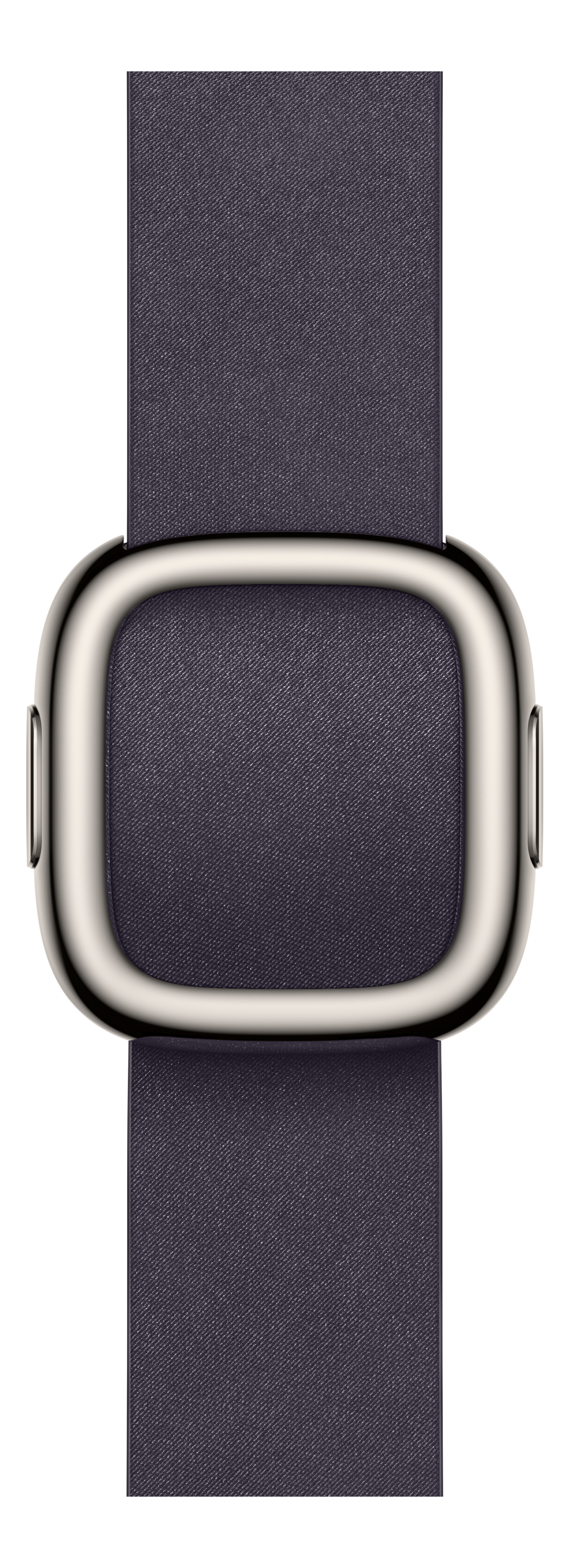Bracelet de montre violet foncé avec cadran argenté. Le fond est noir.