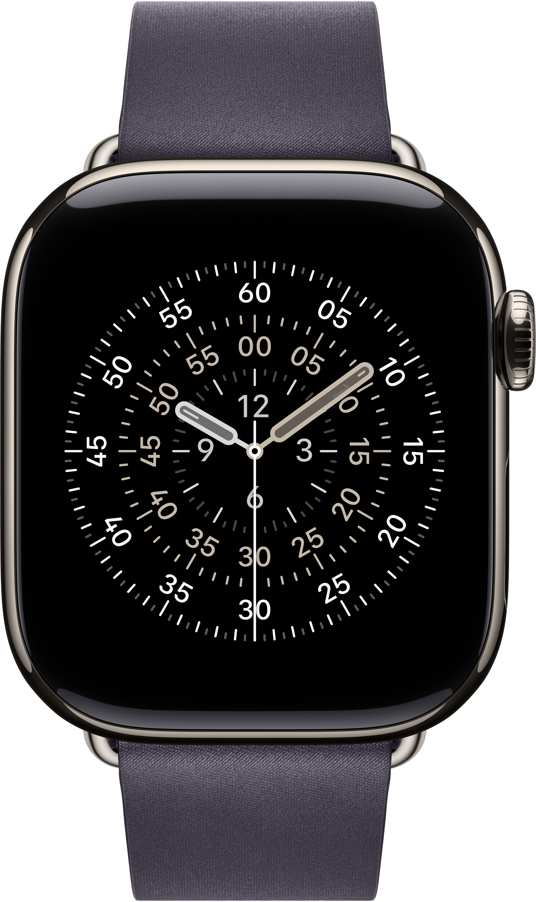 Une smartwatch argentée avec un cadran noir affichant l'heure, aiguilles à 9h15. Elle a un bracelet gris foncé.