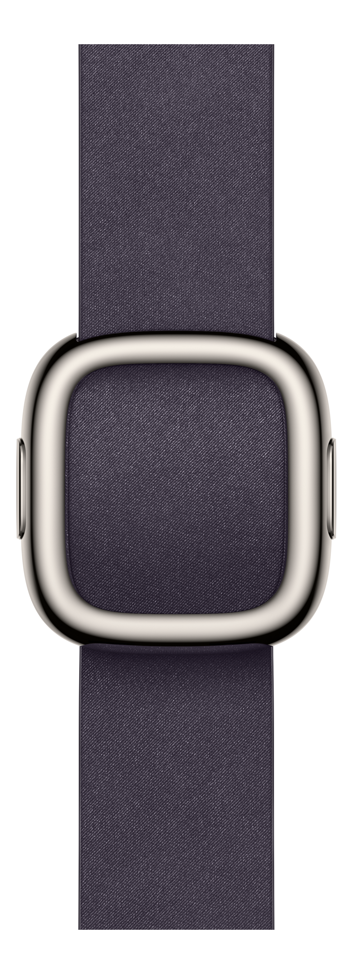 Gros plan d'un bracelet de montre avec une boucle rectangulaire argentée et un bracelet en textile bleu marine foncé.