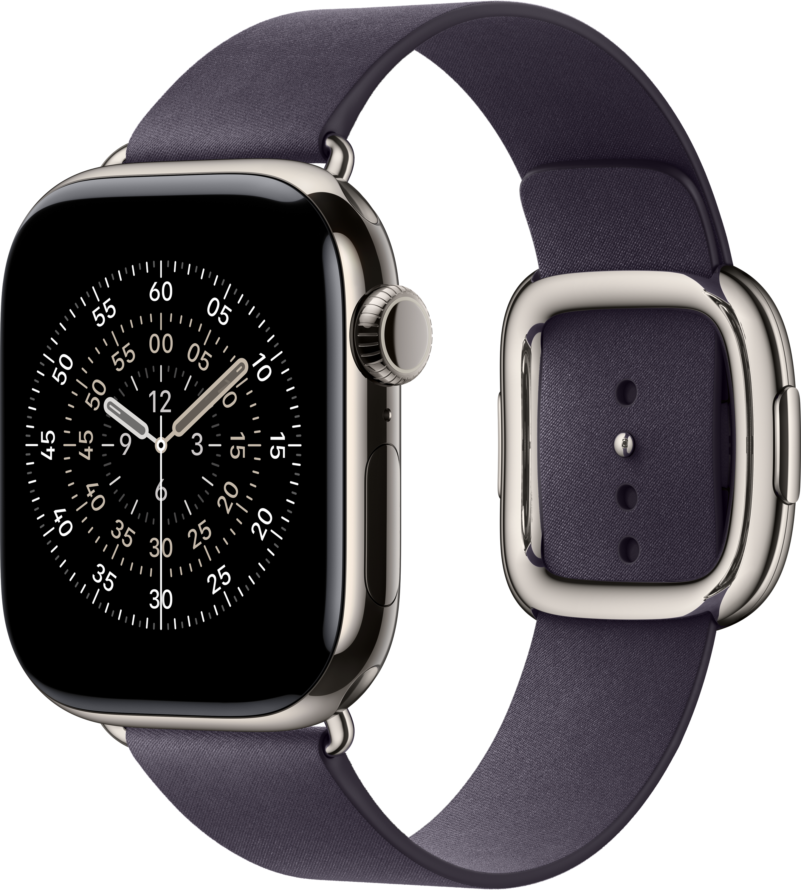 Apple Watch argentée avec bracelet en cuir bleu foncé. Le cadran affiche l'heure. Fond noir.