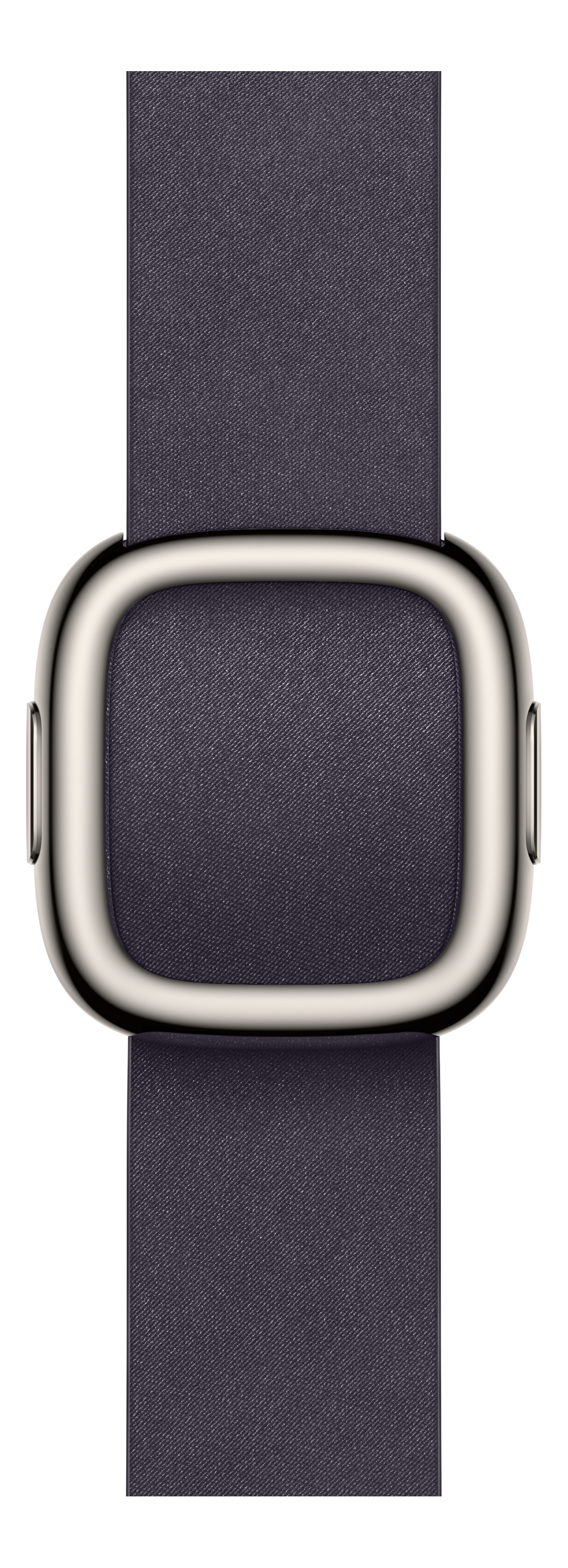 Un bracelet de montre bleu foncé avec un cadran rectangulaire argenté et arrondi. Le fond est noir.
