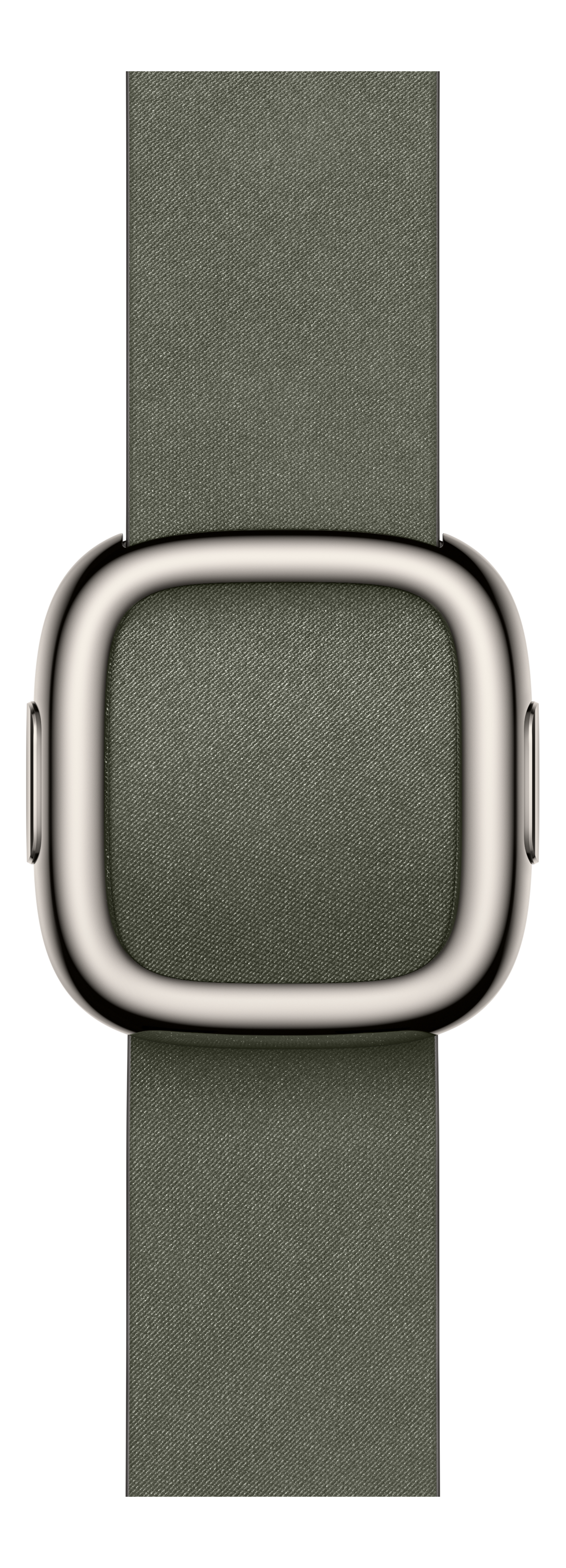 Un bracelet de montre vert olive avec un fermoir argenté. Le bracelet est en tissu et le fermoir est ovale.