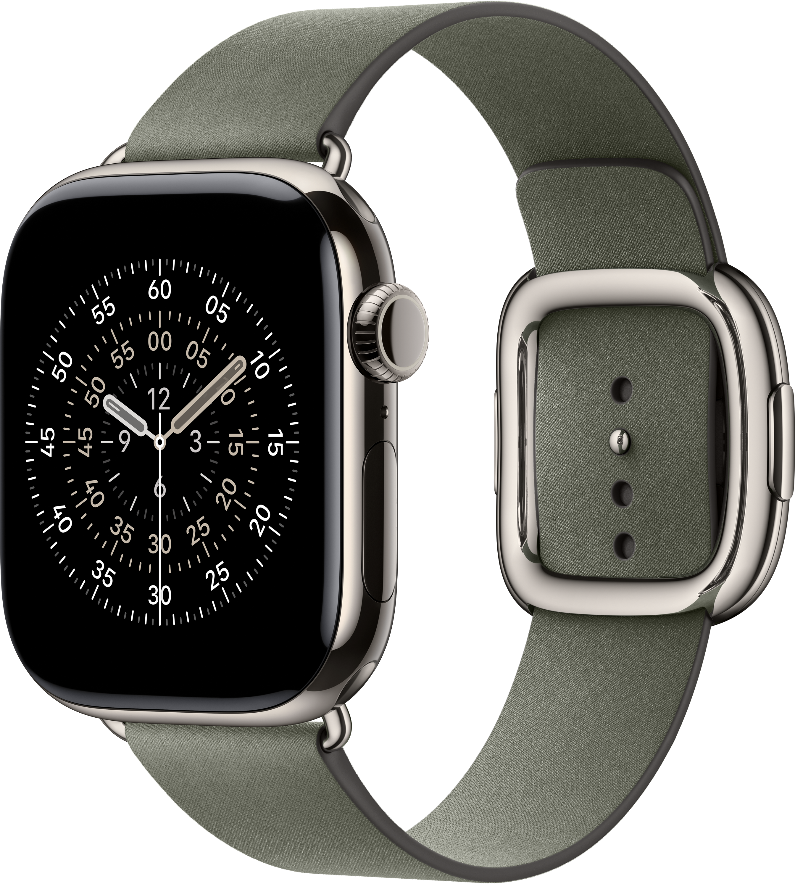 Une smartwatch en acier inoxydable avec un bracelet vert est affichée sur fond noir. Le cadran affiche l'heure.