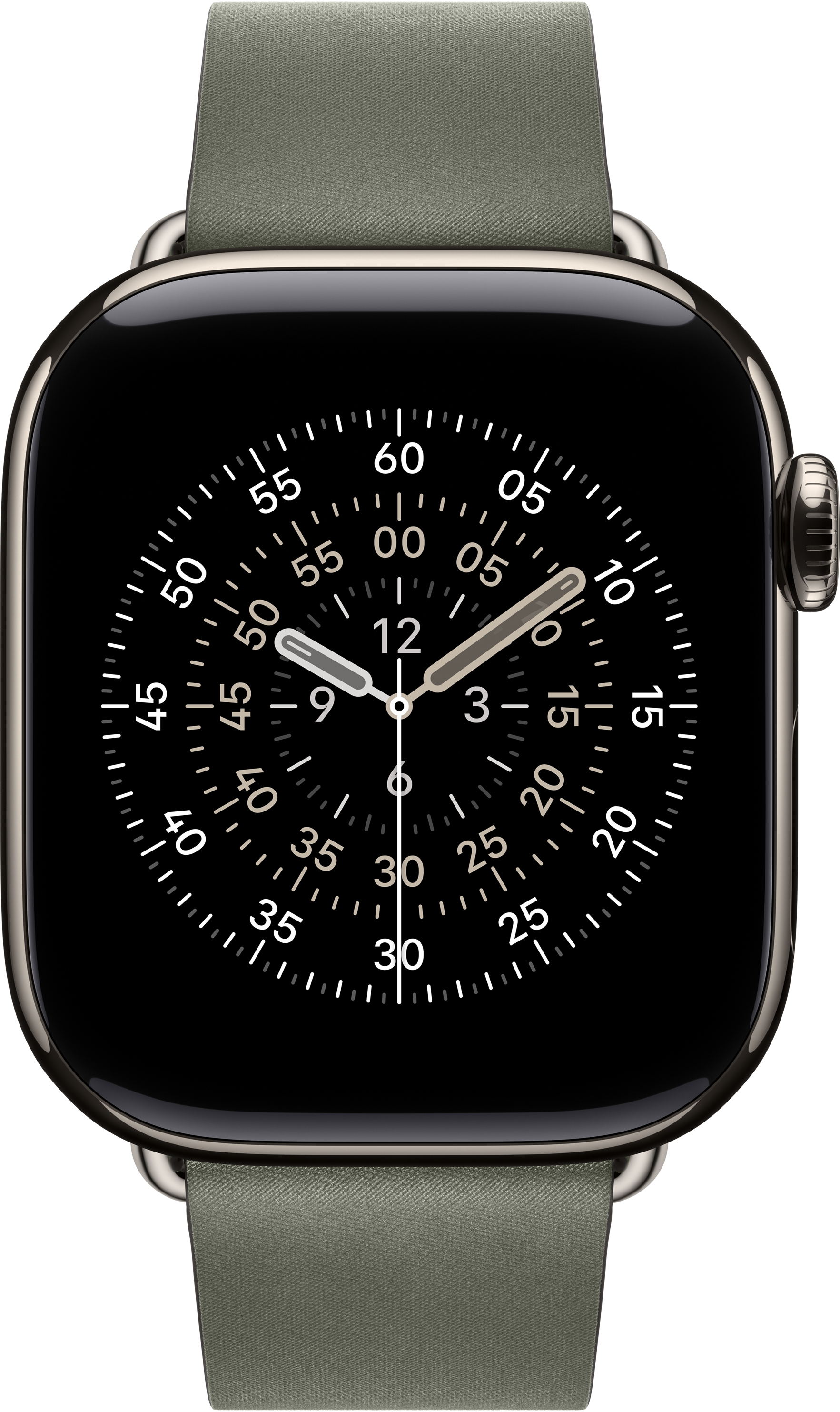Une montre connectée avec cadran noir, chiffres blancs et bracelet vert, affichant l'heure.