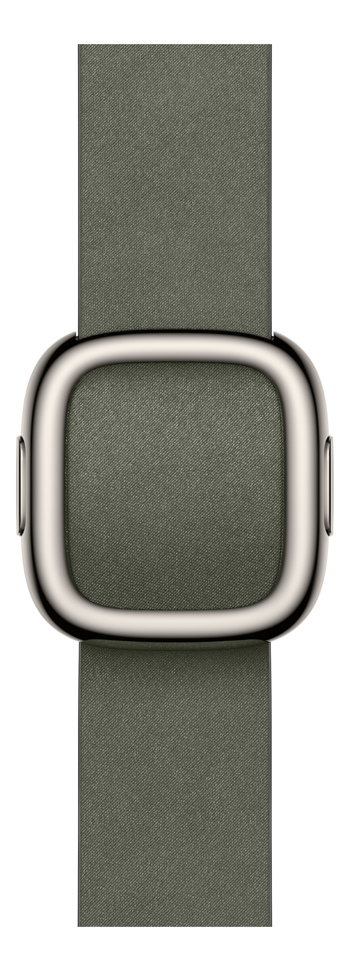 Un bracelet de montre avec boucle argentée. Le bracelet est vert olive avec une texture de tissu, sur fond noir.