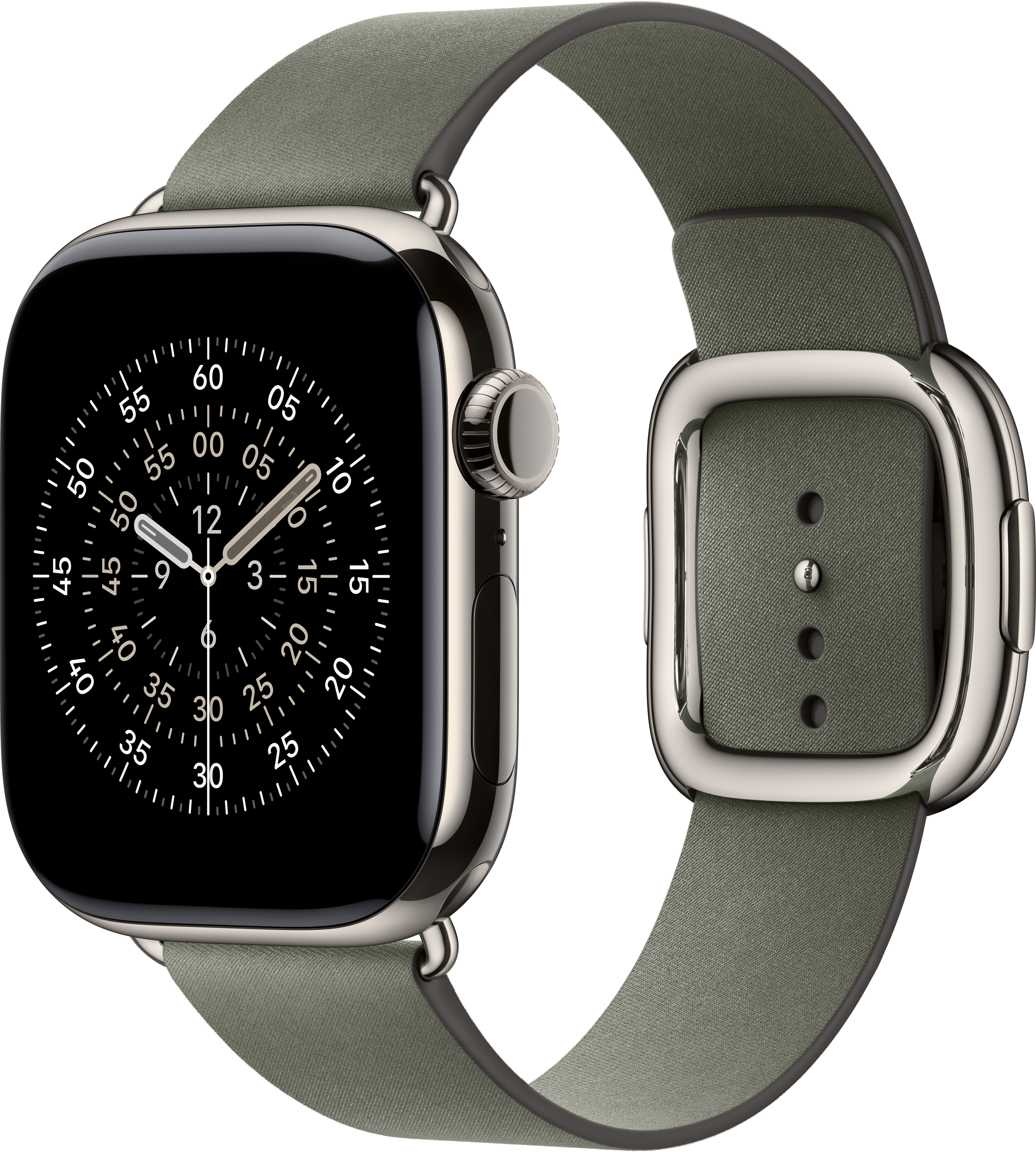 Une smartwatch argentée avec un bracelet vert. Le cadran affiche l'heure. Le fond est noir.