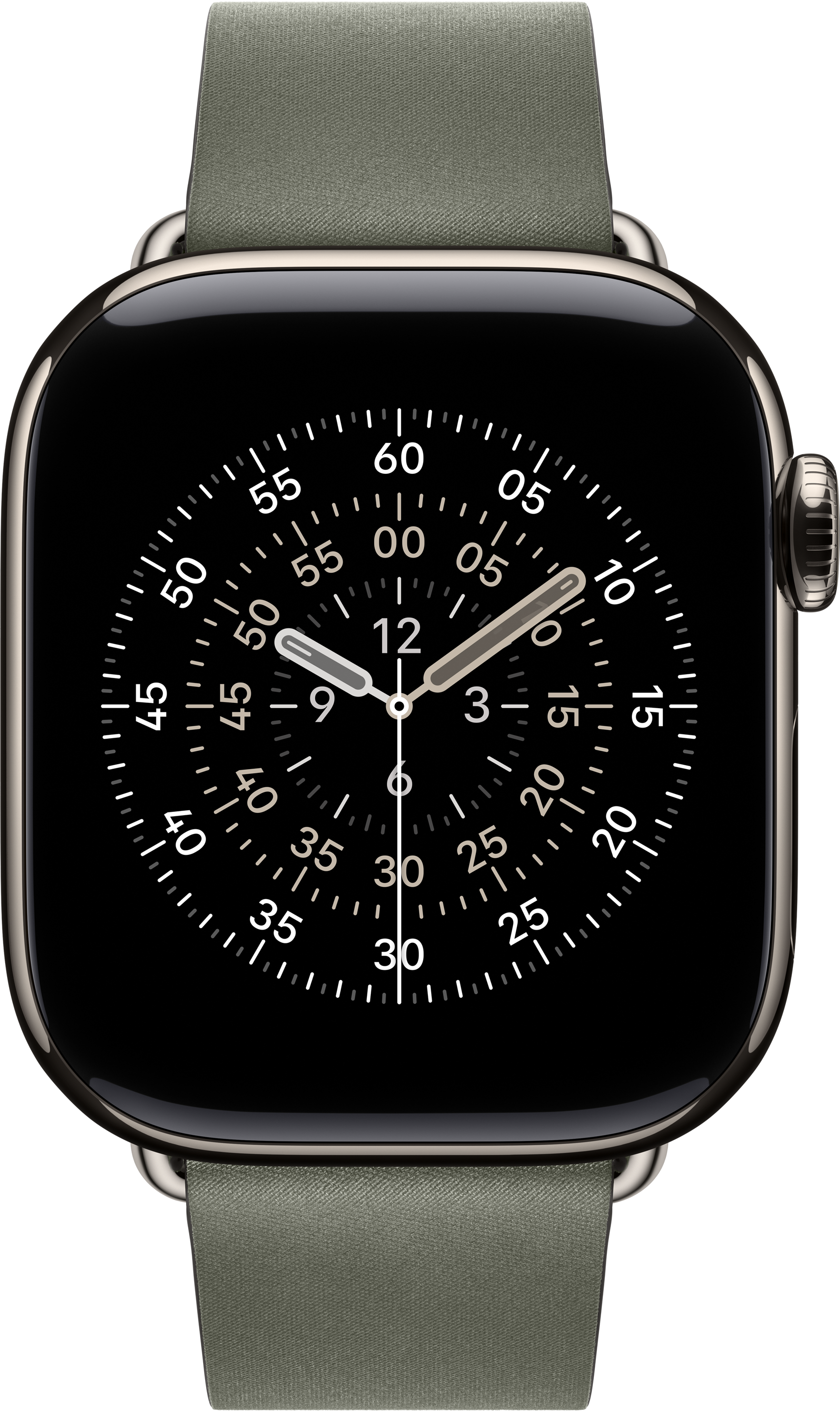 Gros plan d'une montre connectée avec cadran noir, chiffres blancs et bracelet vert clair. L'heure est d'environ 9h17.