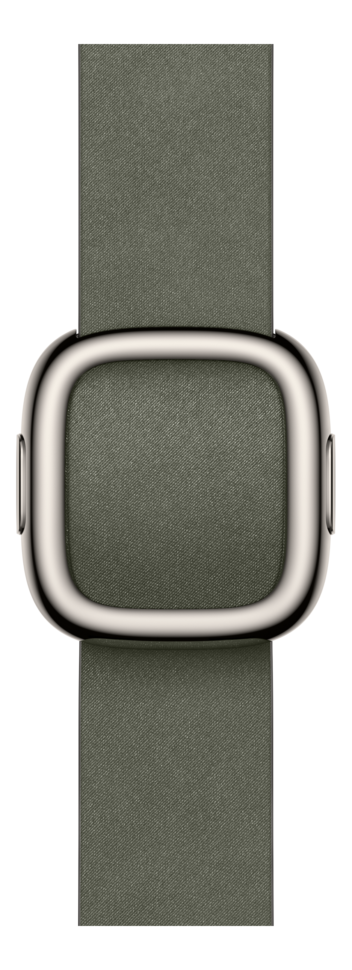 Gros plan d'un bracelet de montre. Le bracelet est en tissu vert olive avec une boucle ovale argentée. Fond noir.