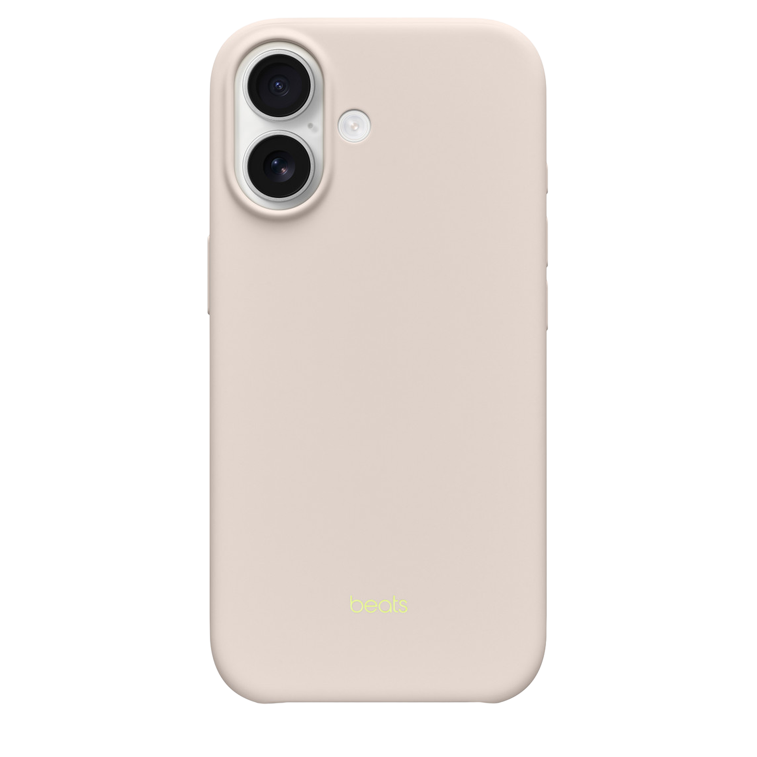 Een lichtroze telefoonhoesje met twee cameralenzen en een flits. Het Beats-logo staat onderaan. De achtergrond is wit.
