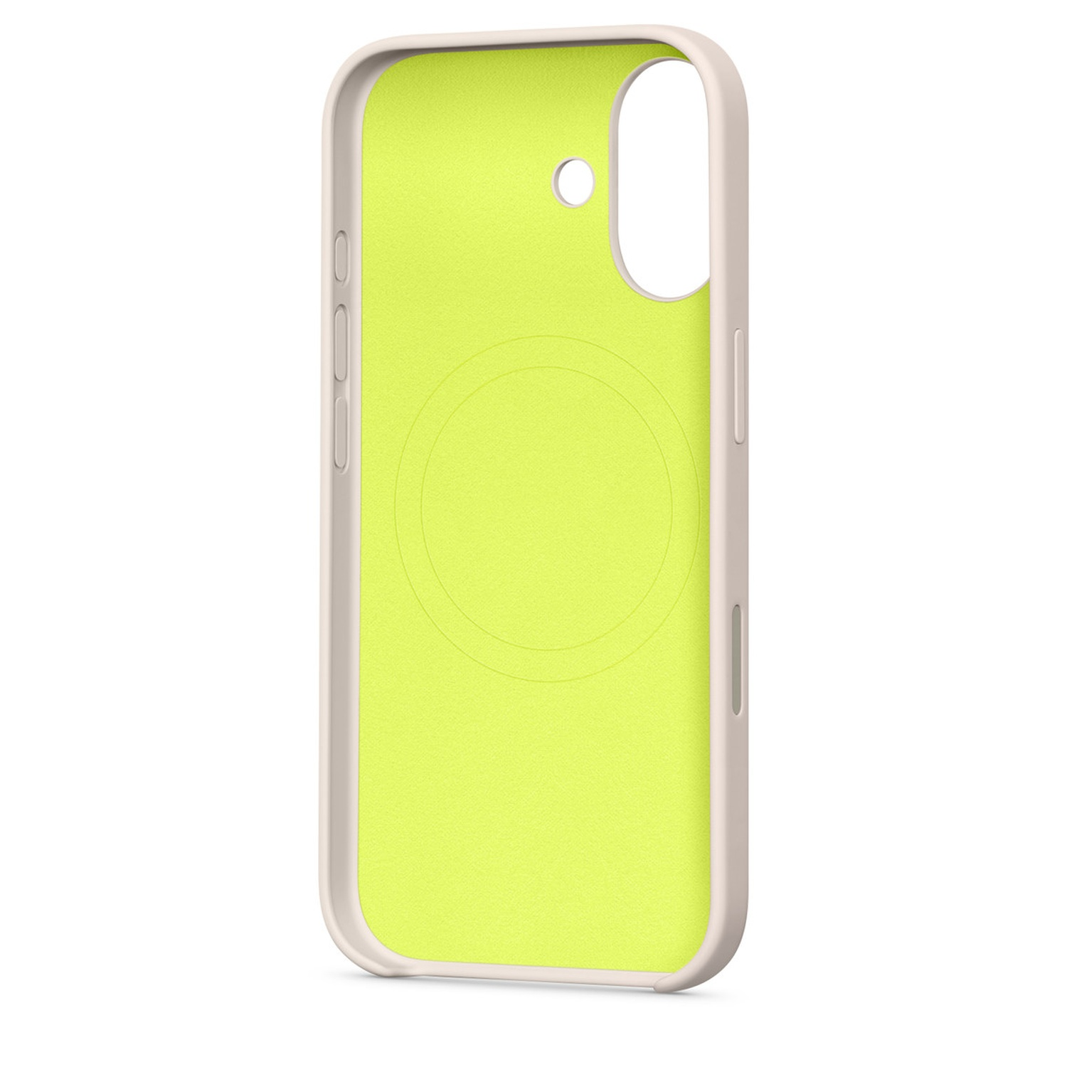 Een telefoonhoesje met een wit frame en een neon groen interieur. Het heeft uitsparingen voor de camera en knoppen.