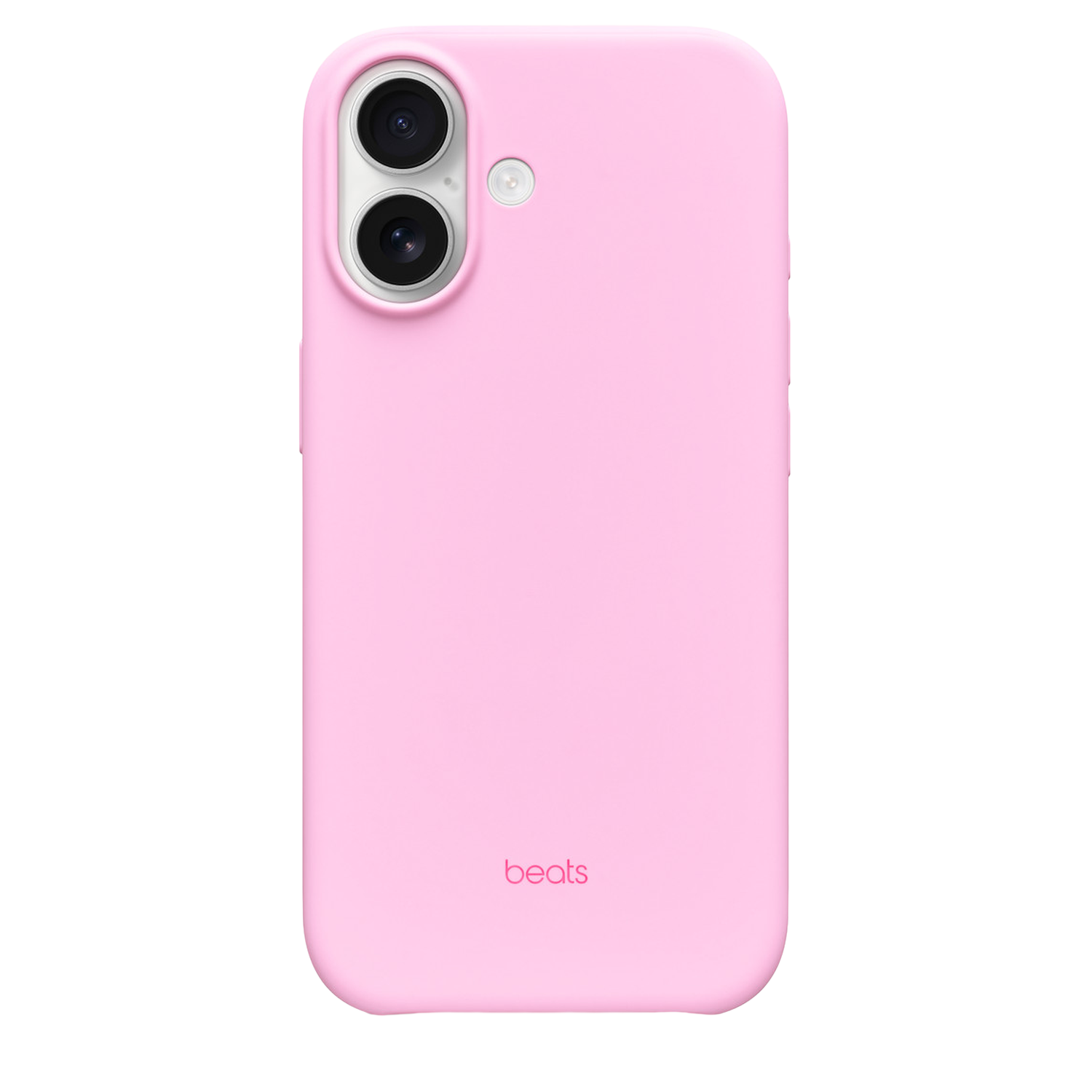 Une coque de téléphone rose clair avec un module caméra et la marque 'beats'. Le fond est blanc.