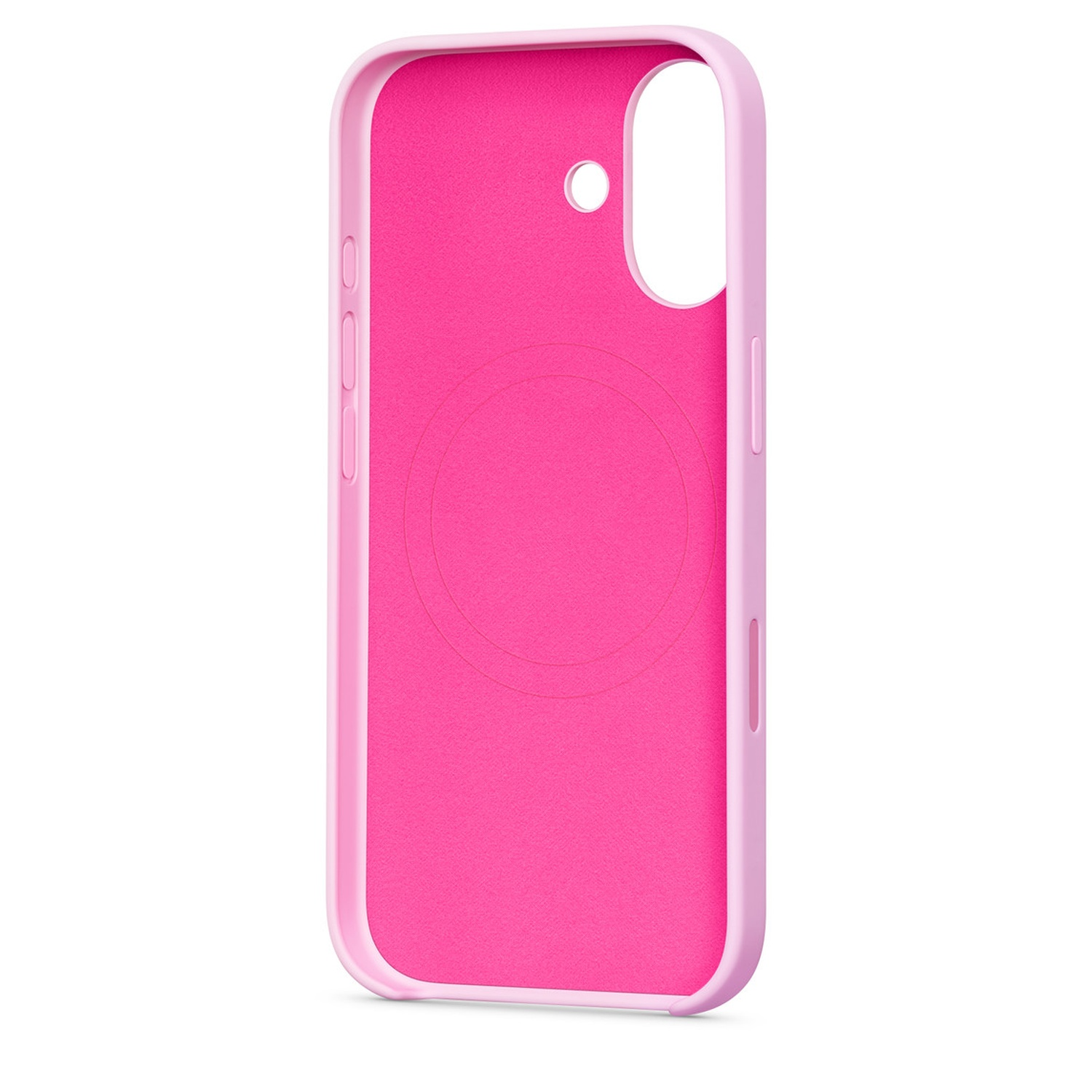 Une coque de téléphone rose avec une bordure rose plus claire. L'intérieur est rose vif avec un motif circulaire. Isolé sur fond blanc.