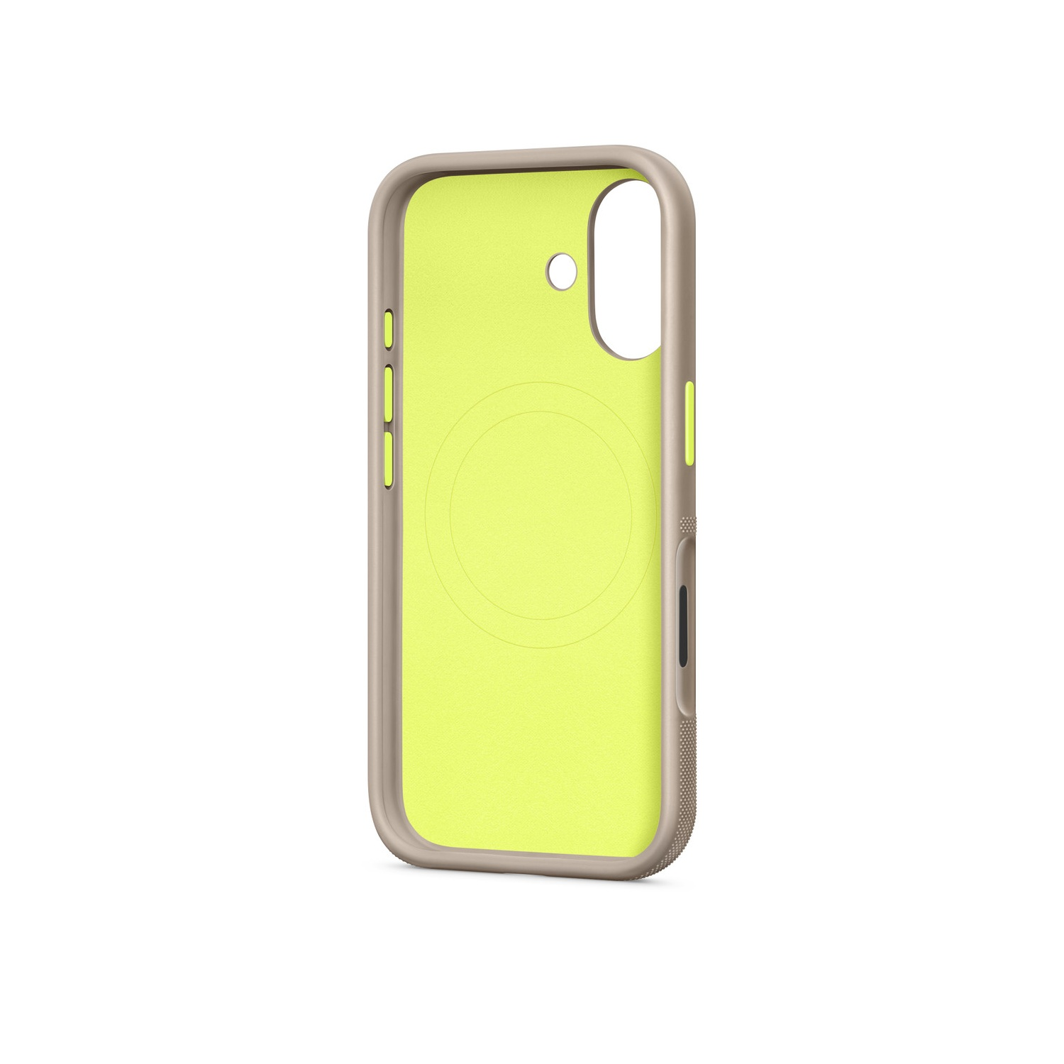 Une coque de téléphone avec un intérieur vert citron et un extérieur beige. Les boutons et la découpe de l'appareil photo sont visibles.