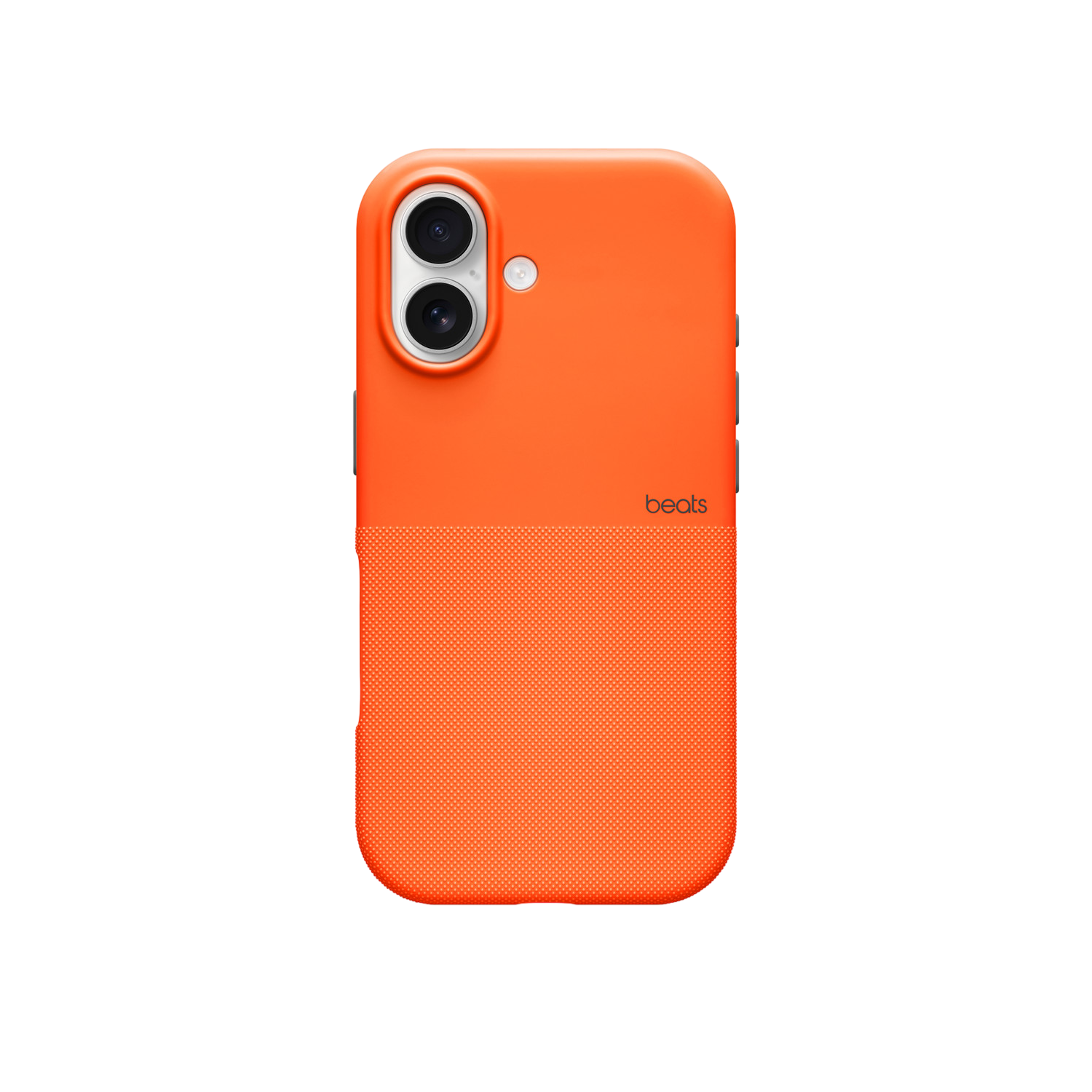 Een oranje telefoonhoesje met een getextureerde onderste helft en een gladde bovenste helft. Het heeft twee cameralenzen en het Beats-logo.