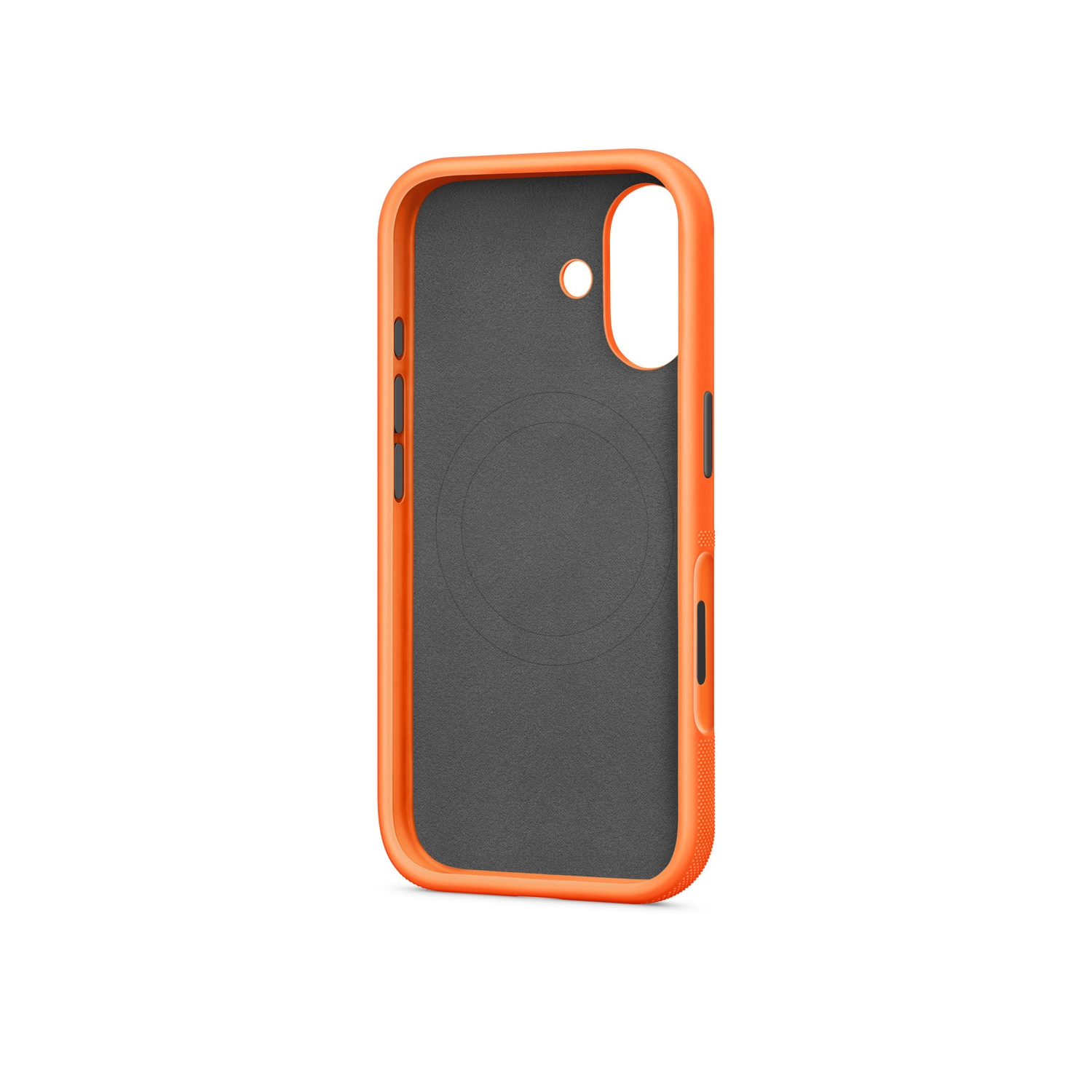 Een oranje telefoonhoesje met grijze binnenkant, knoppen en een camera-uitsparing, tegen een witte achtergrond.