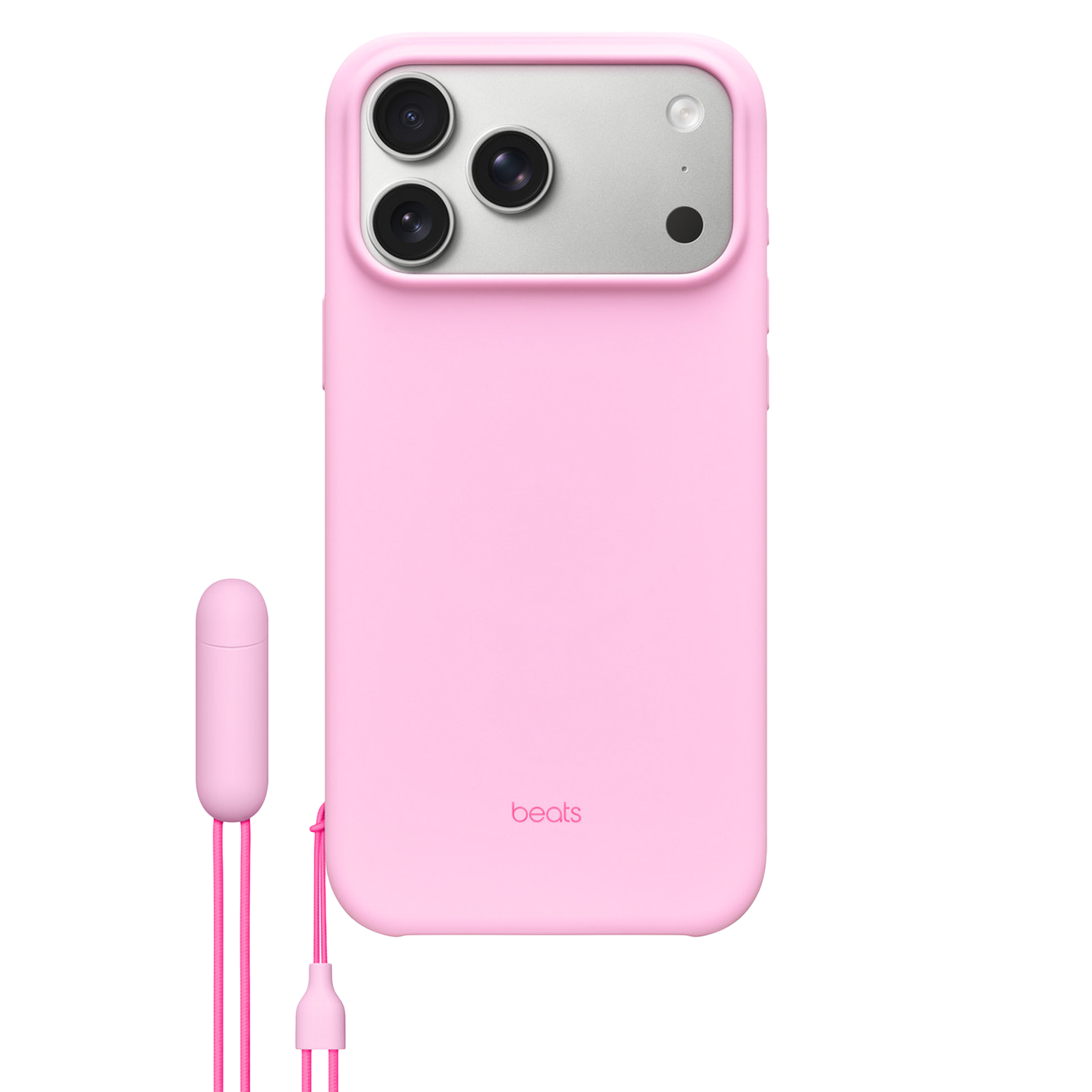 Roze iPhone-hoesje met Beats-logo. Een roze oortelefoon en koord zijn bevestigd. De hoes heeft drie cameralenzen.