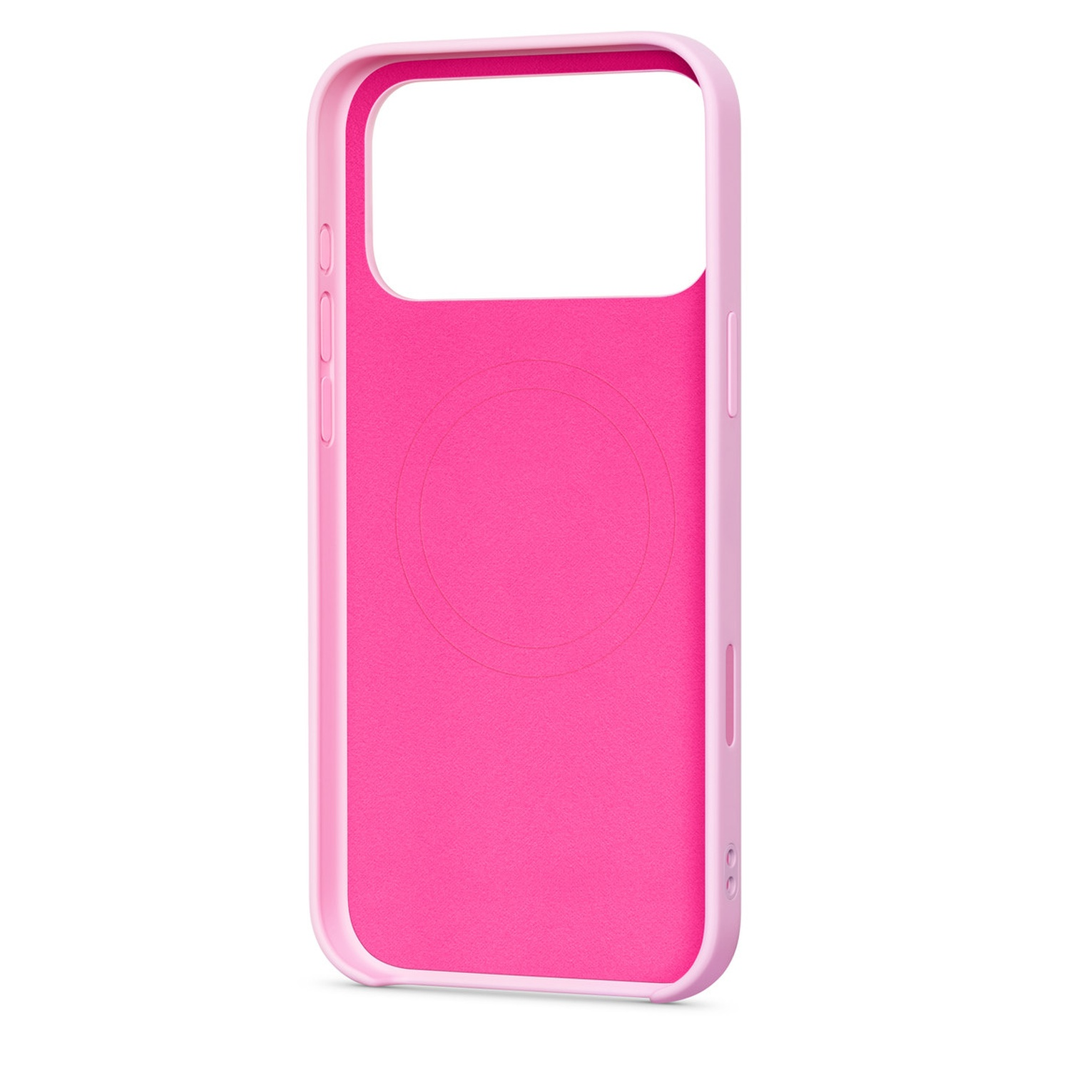 Een roze telefoonhoesje met een magenta interieur. De buitenrand is lichtroze, met uitsparingen voor knoppen en de camera.