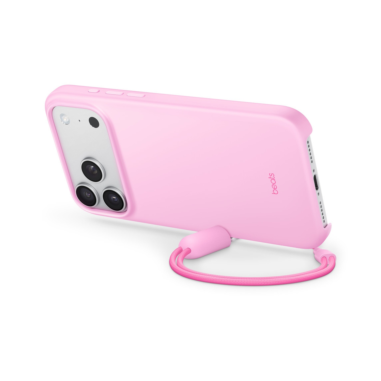 Een roze iPhone-hoesje met bijpassende band. De telefoon heeft een zilveren cameramodule en het woord 'beats' is zichtbaar.