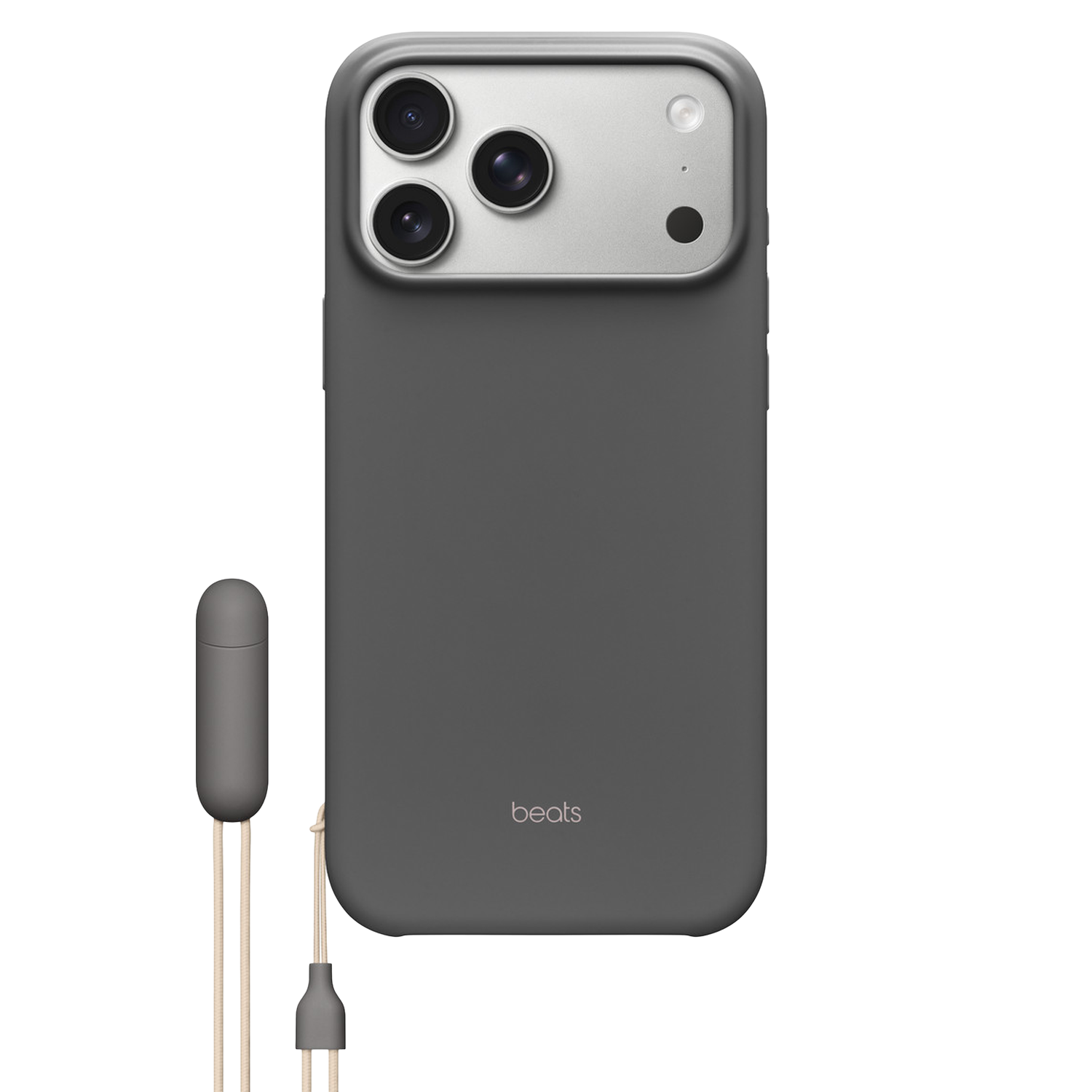 Een grijze telefoonhoes met drie cameralenzen en een bijpassende oortelefoon. Beige snoeren verbinden de oortelefoon met een kleine connector.