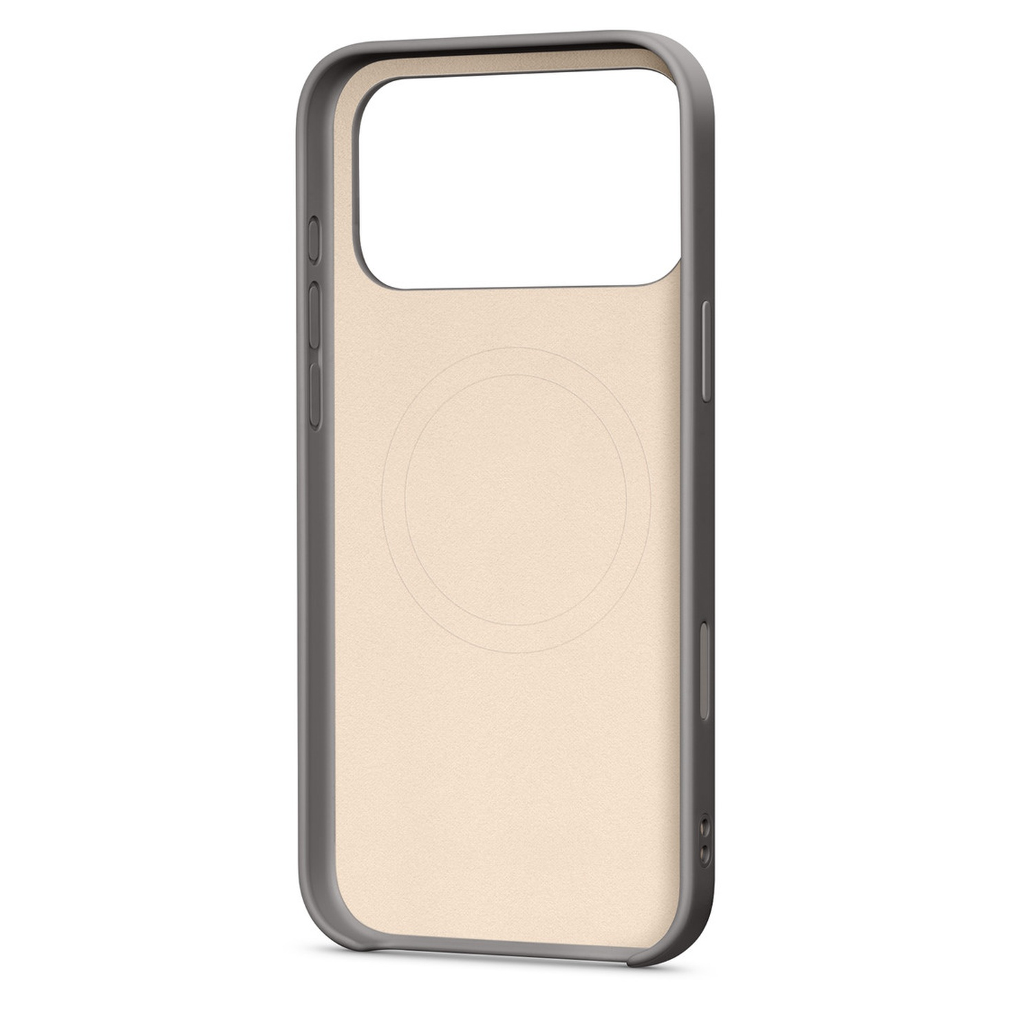 Een telefoonhoesje, grijs frame, beige interieur, met een cirkelvormig ontwerp in het midden. Knoppen aan de linkerkant.