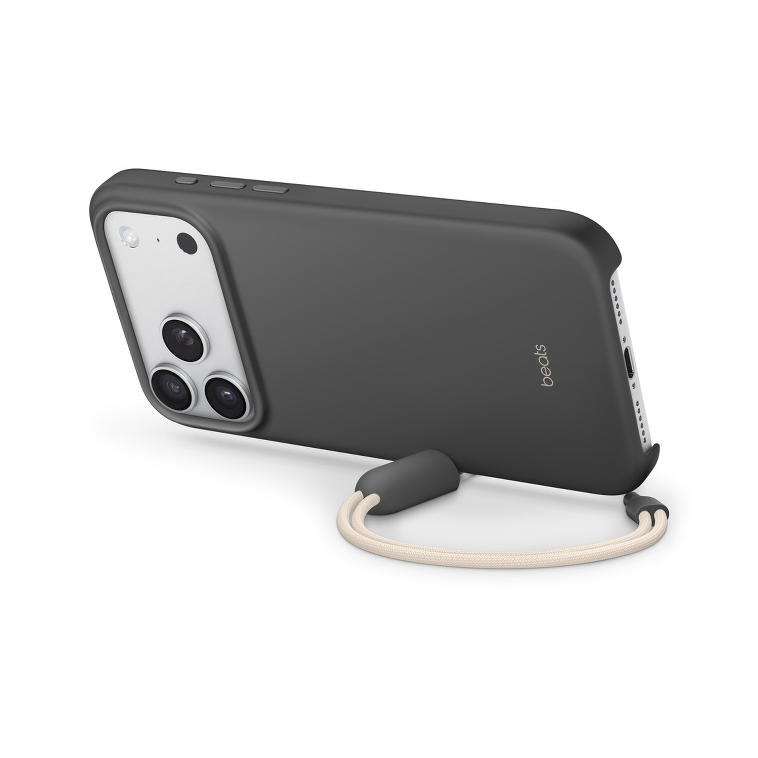 Een zwarte telefoonhoes met witte band, tegen een witte achtergrond. De telefoon heeft een camera en het merk 'beats' is zichtbaar.