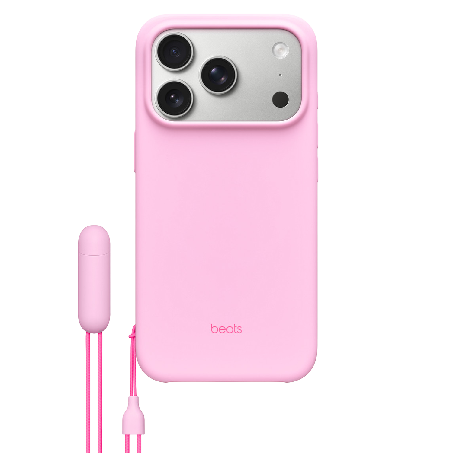 Een roze telefoonhoesje met drie cameralenzen, een zilveren cameragedeelte en een roze Beats-logo. Er is een roze bandje bevestigd.