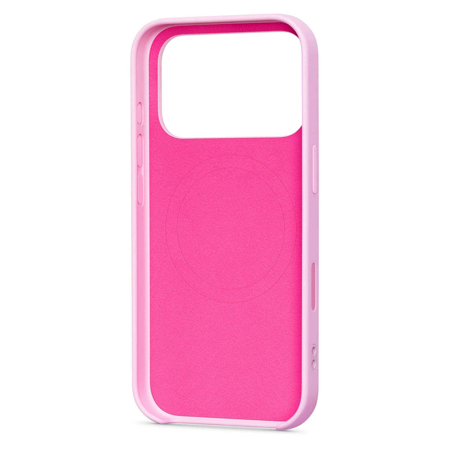 Een roze telefoonhoesje. De hoes is aan de buitenkant lichter roze en aan de binnenkant helderder roze. Er zijn uitsparingen voor de camera en knoppen.