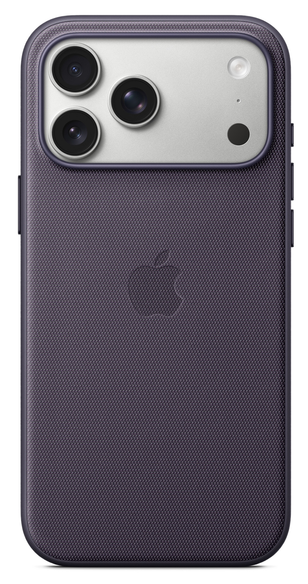 Ciemnofioletowe etui na telefon z trzema obiektywami aparatu, lampą błyskową i logo Apple. Etui ma wzór tekstury.