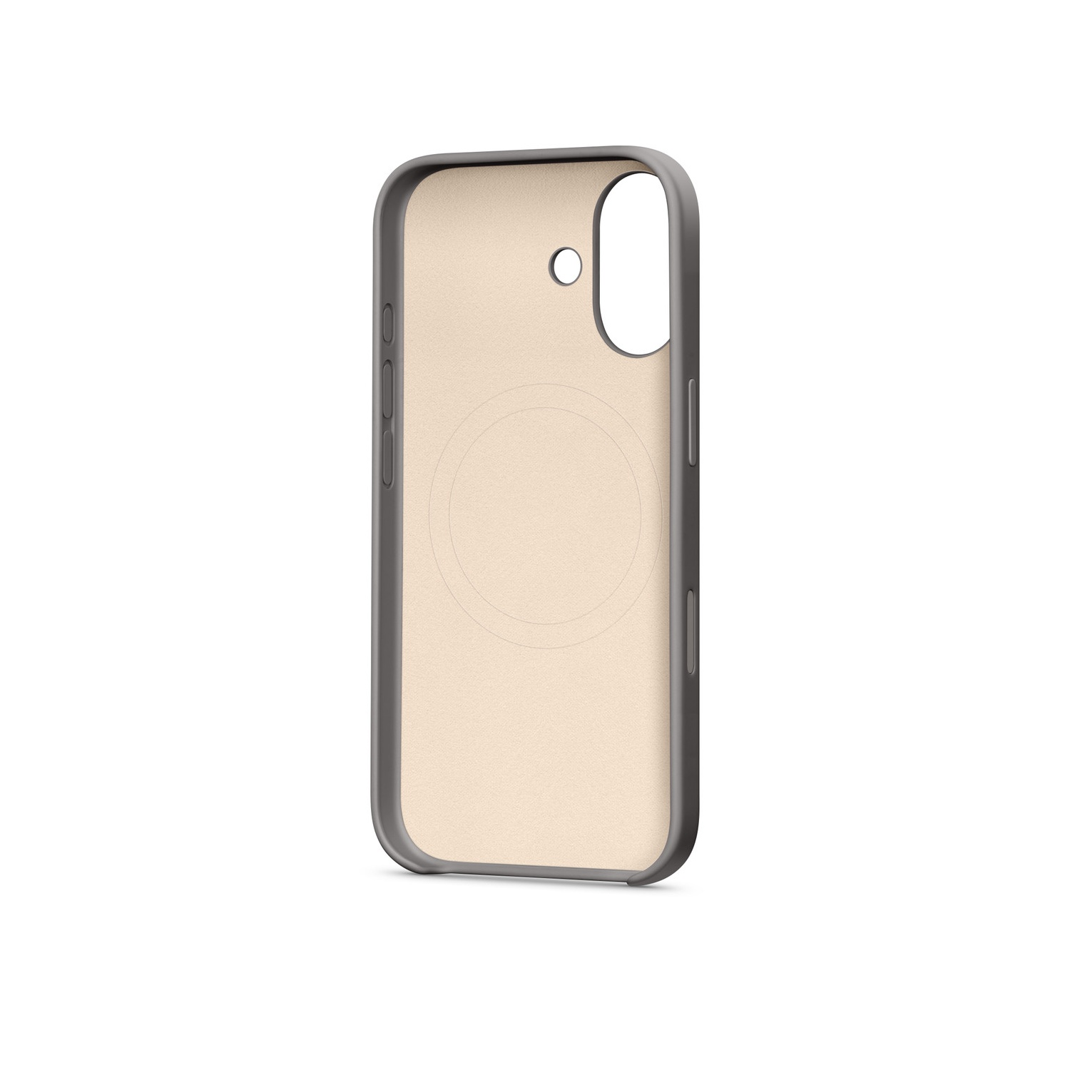Une coque de téléphone avec un intérieur doré et un cadre gris foncé. La coque a des découpes pour l'appareil photo et les boutons.