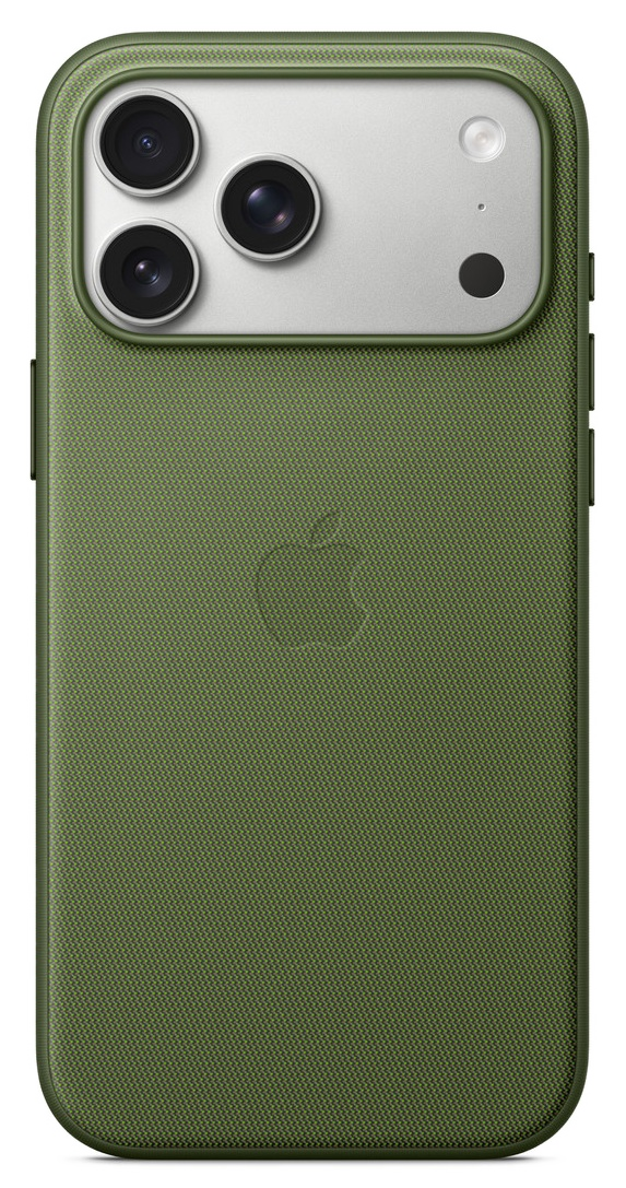 Zielone etui na telefon z trzema obiektywami. Logo Apple widoczne. Etui ma fakturę, oliwkową zieleń.