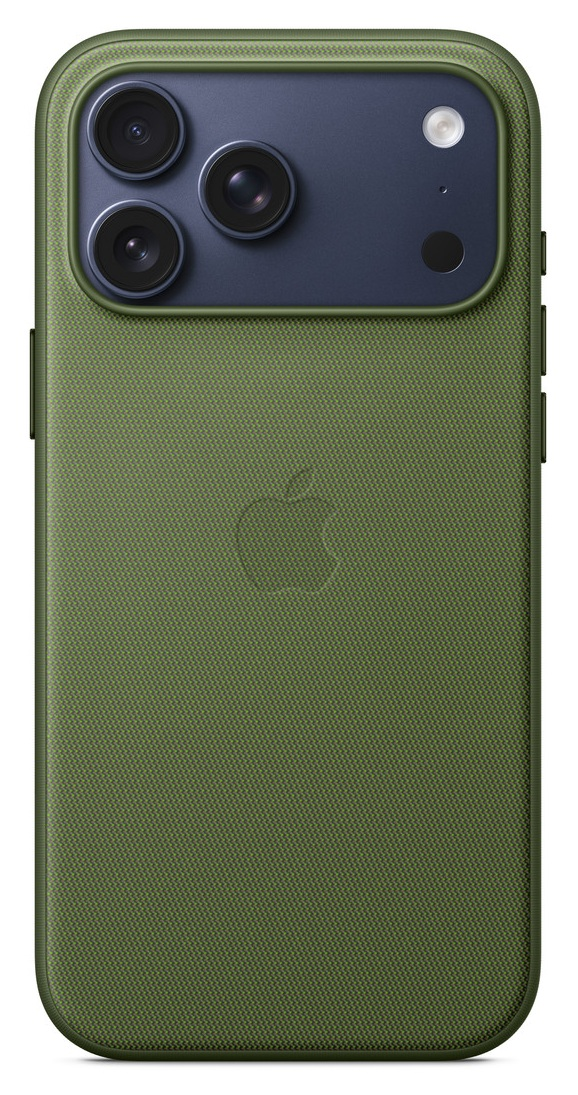 Zielone etui na iPhone z trzema obiektywami, lampą błyskową i logo Apple. Etui ma teksturowaną powierzchnię.