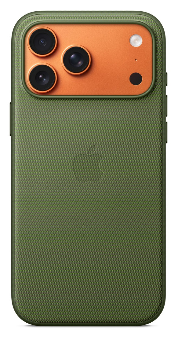 Zielone etui na iPhone z pomarańczowym obszarem aparatu. Widoczne trzy obiektywy, lampa błyskowa i mała czarna kropka.