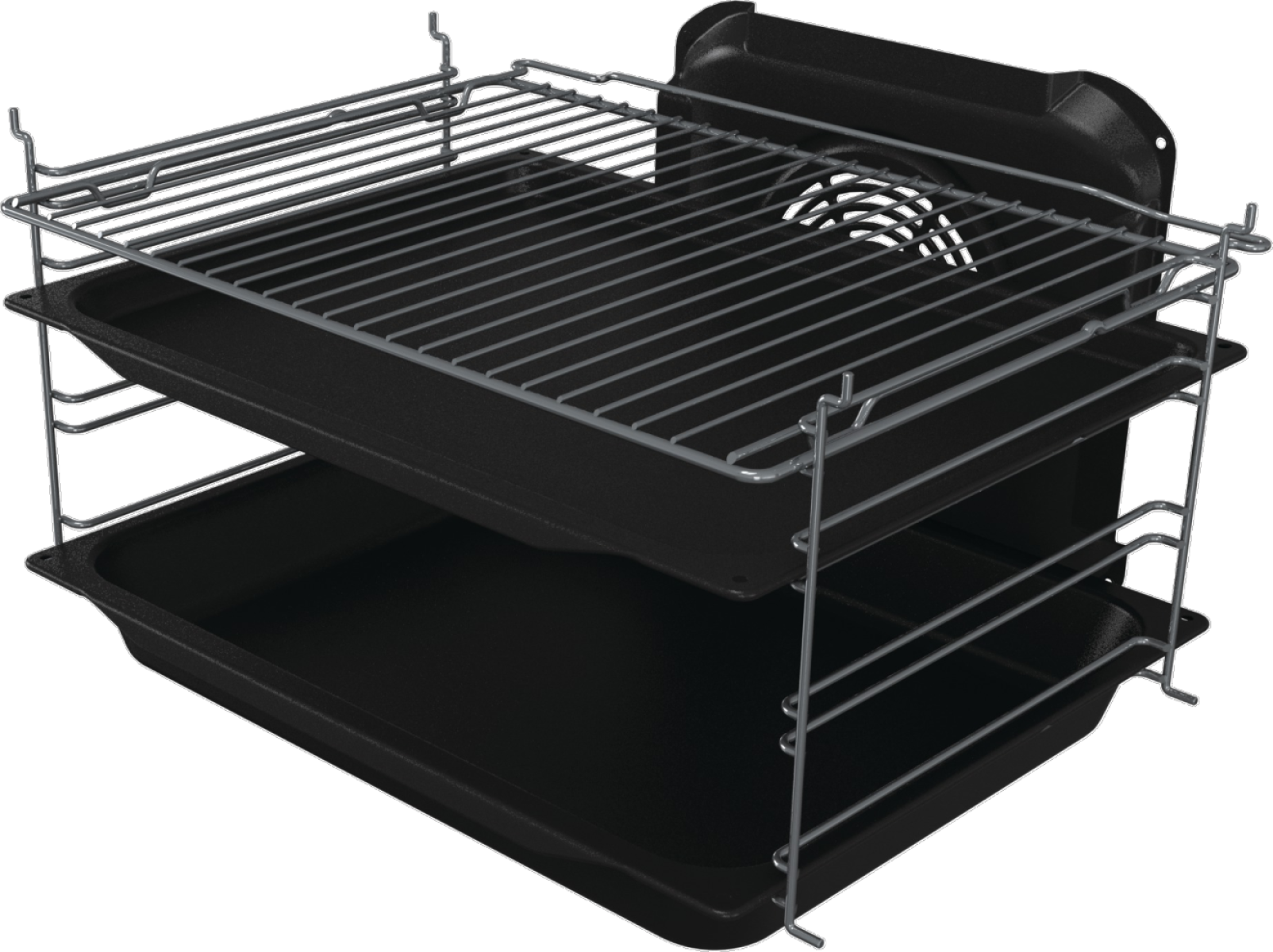 Ruszt piekarnika z trzema poziomami czarnych tacek. Rama jest metalowa. Tło jest czarne.