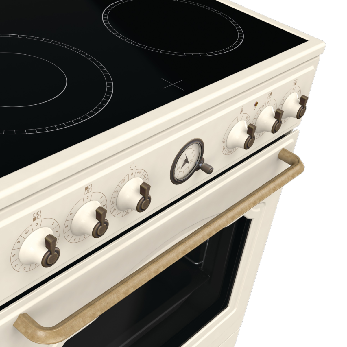 Kremowy piekarnik z czarną płytą grzewczą. Pokrętła i uchwyt mają wygląd vintage. Z przodu znajduje się zegar.
