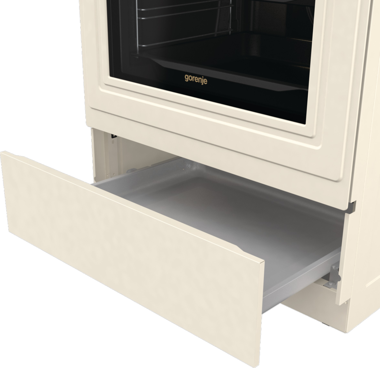 Piekarnik z otwartą szufladą. Piekarnik jest kremowy, szuflada szara. Słowo 'gorenje' jest widoczne.