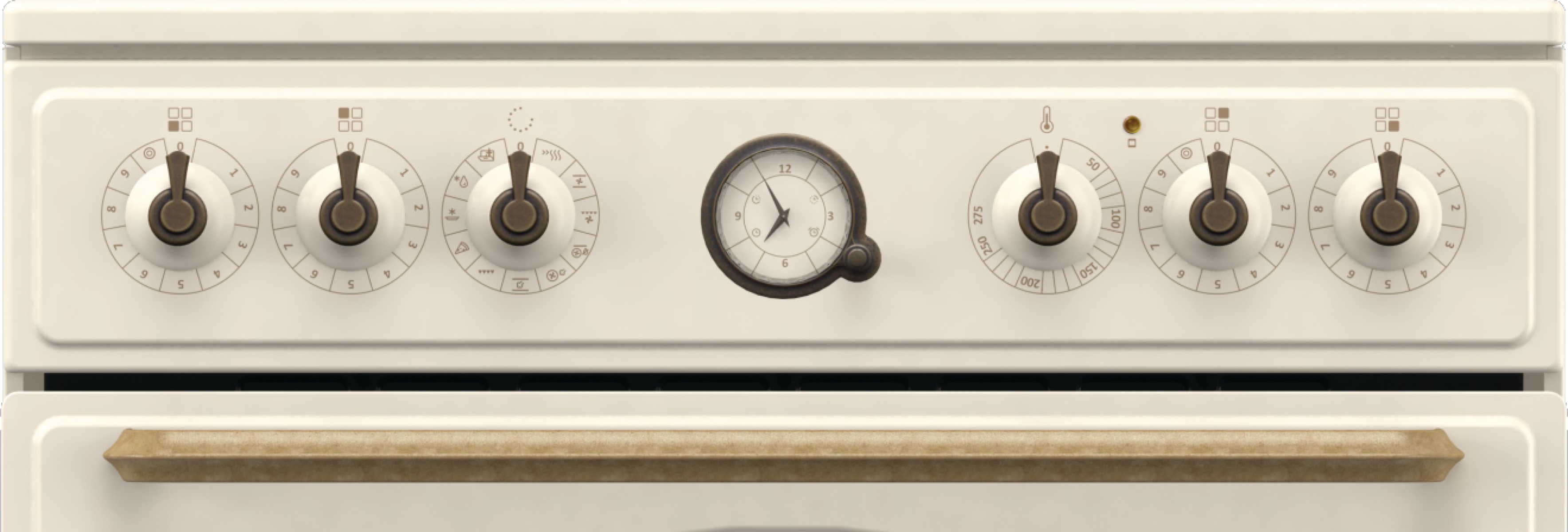 Kremowy piekarnik z pokrętłami, zegarem i uchwytem. Pokrętła mają cyfry i symbole. Uchwyt drzwi piekarnika jest złoty.