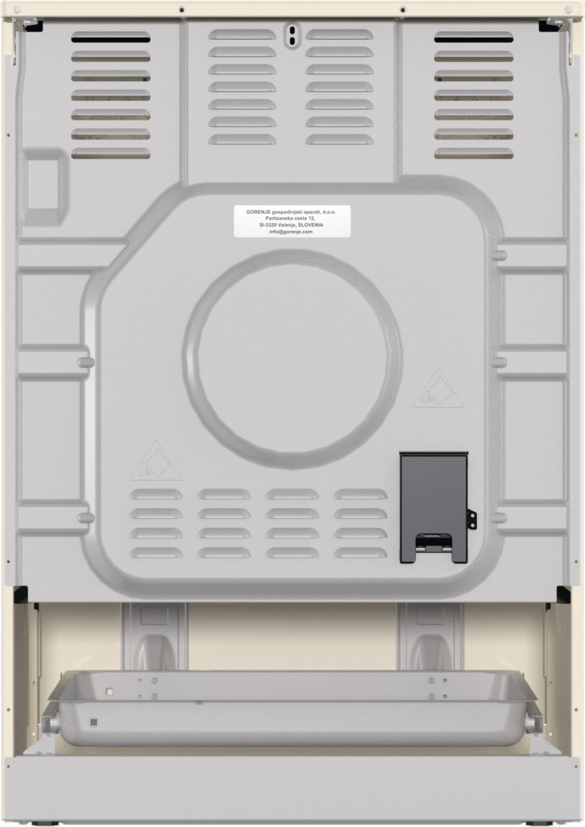 Tył kremowego piekarnika. Posiada otwory wentylacyjne, okrągłe wcięcie, małą przegródkę i wysuwaną tacę. Obecna jest również naklejka z tekstem.