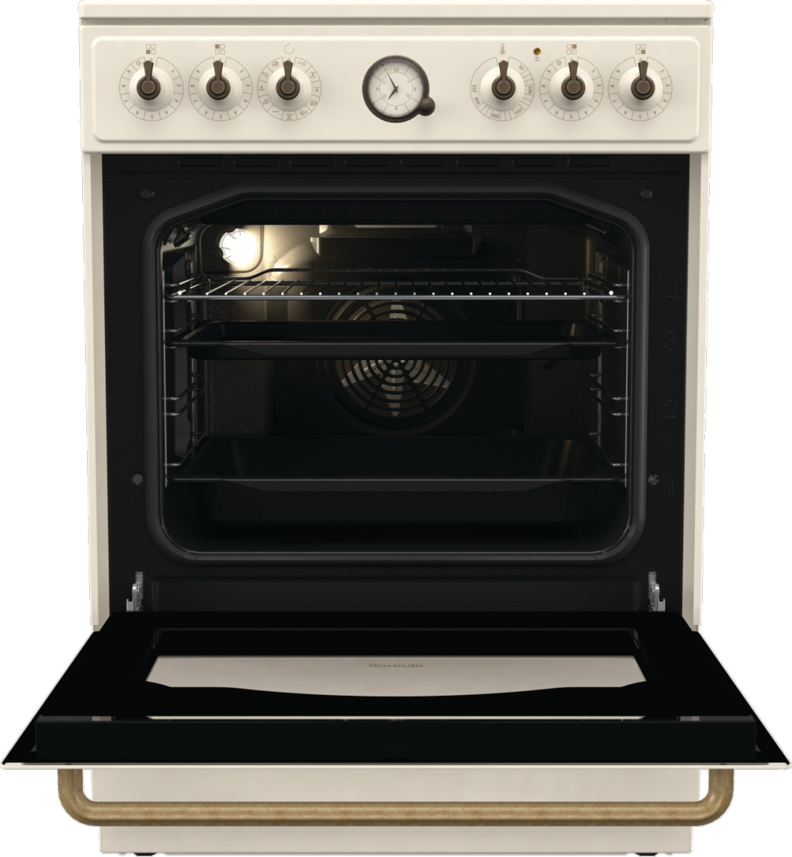 Otwarty kremowy piekarnik. Drzwi są otwarte, ukazując ruszty i wentylator w środku. Pokrętła i zegar znajdują się nad drzwiami.