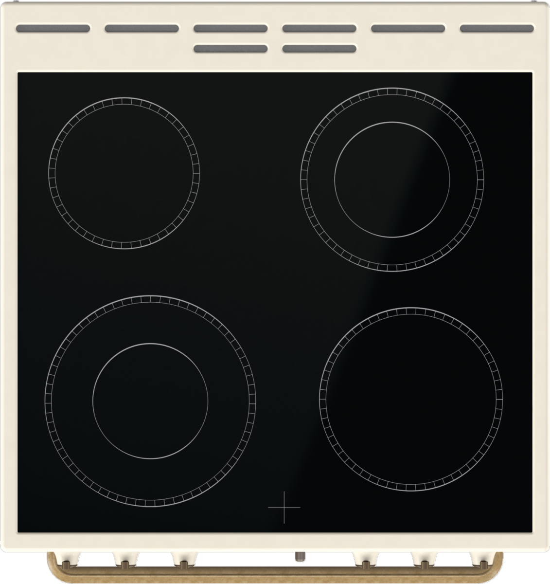 Czarna kuchenka elektryczna z czterema okrągłymi palnikami. Ma kremową ramę i panel sterowania ze znakiem plus.