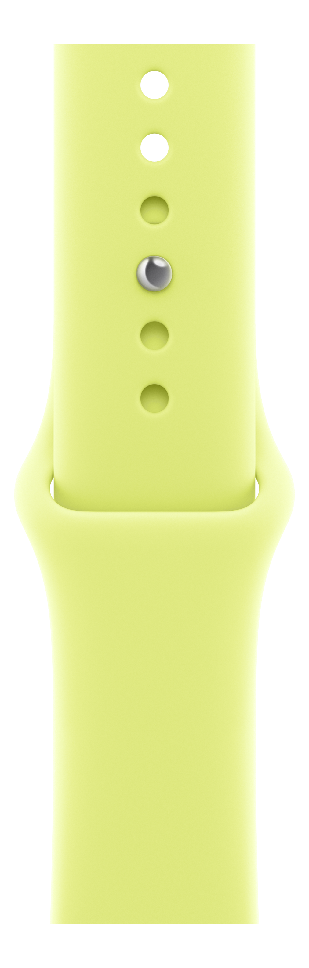 Un bracelet vert clair pour Apple Watch, avec plusieurs trous pour l'ajustement et un fermoir en métal sur fond noir.