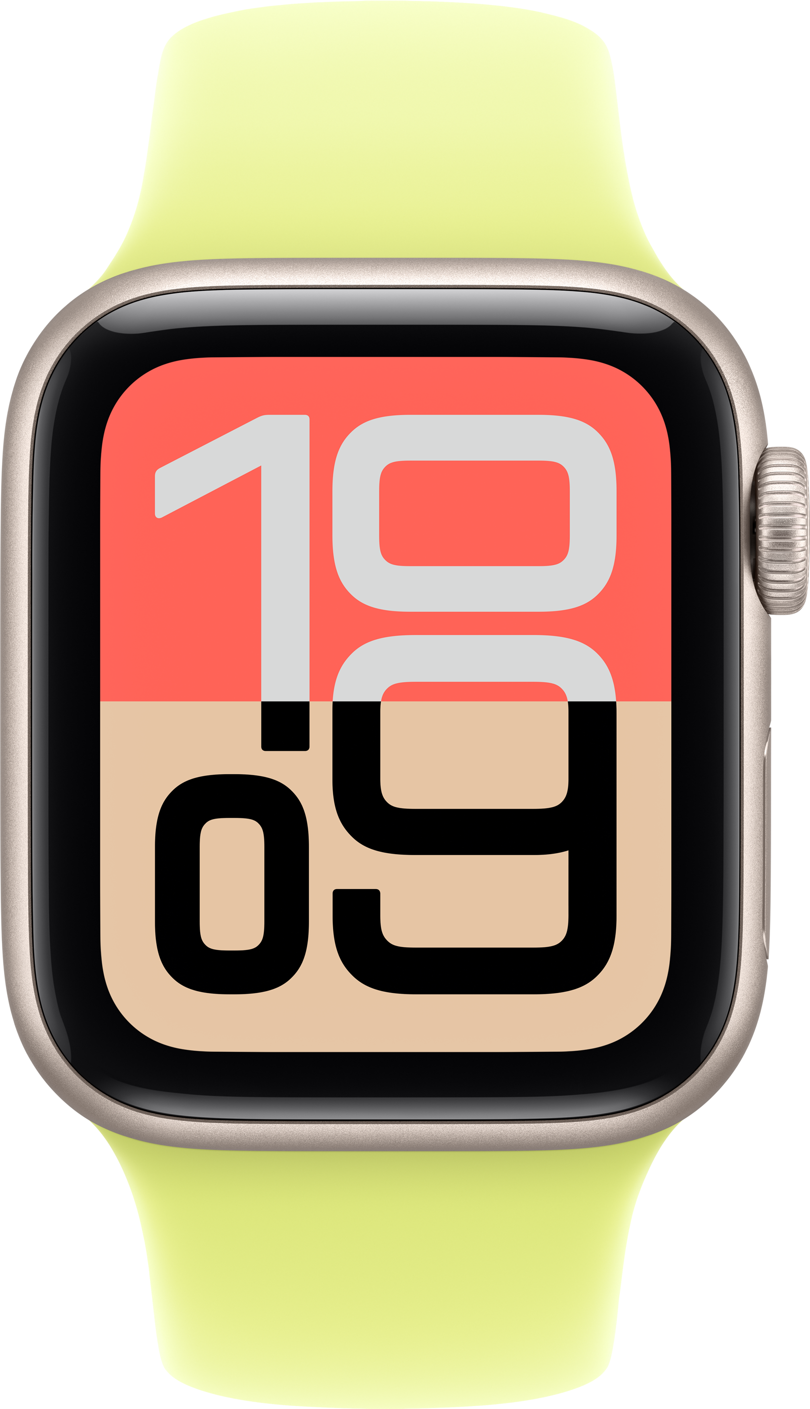 Une Apple Watch avec un bracelet jaune. L'écran affiche l'heure 10:09. Le fond est noir.