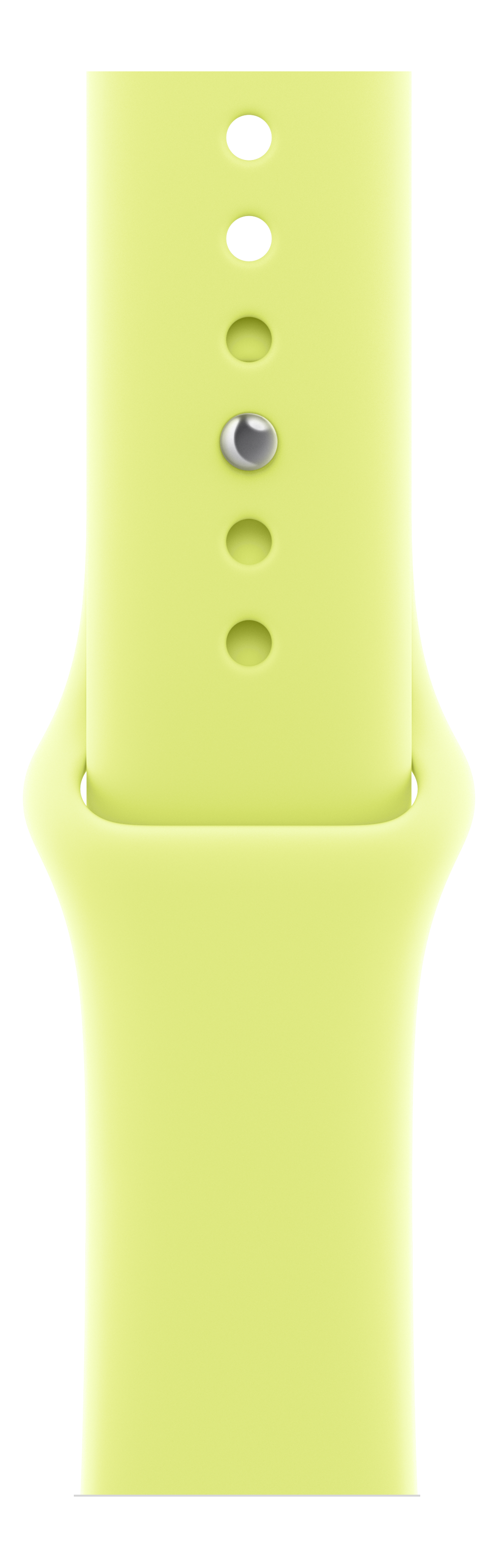 Un bracelet Apple Watch jaune clair. Il comporte des trous et une goupille métallique. Le fond est noir.