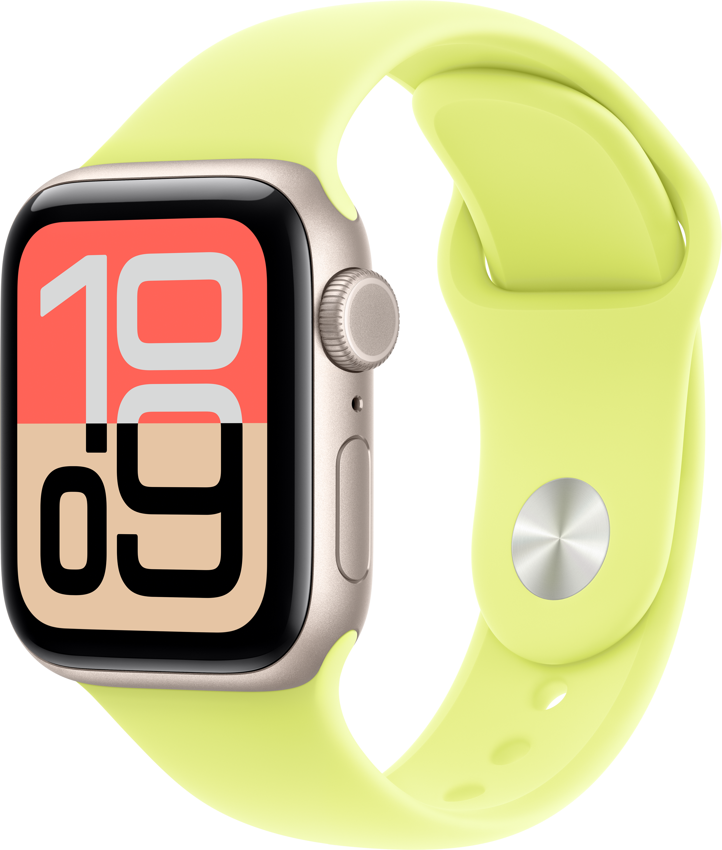 Une Apple Watch argentée avec un bracelet vert citron. Le cadran affiche l'heure 10:09. Fond noir.