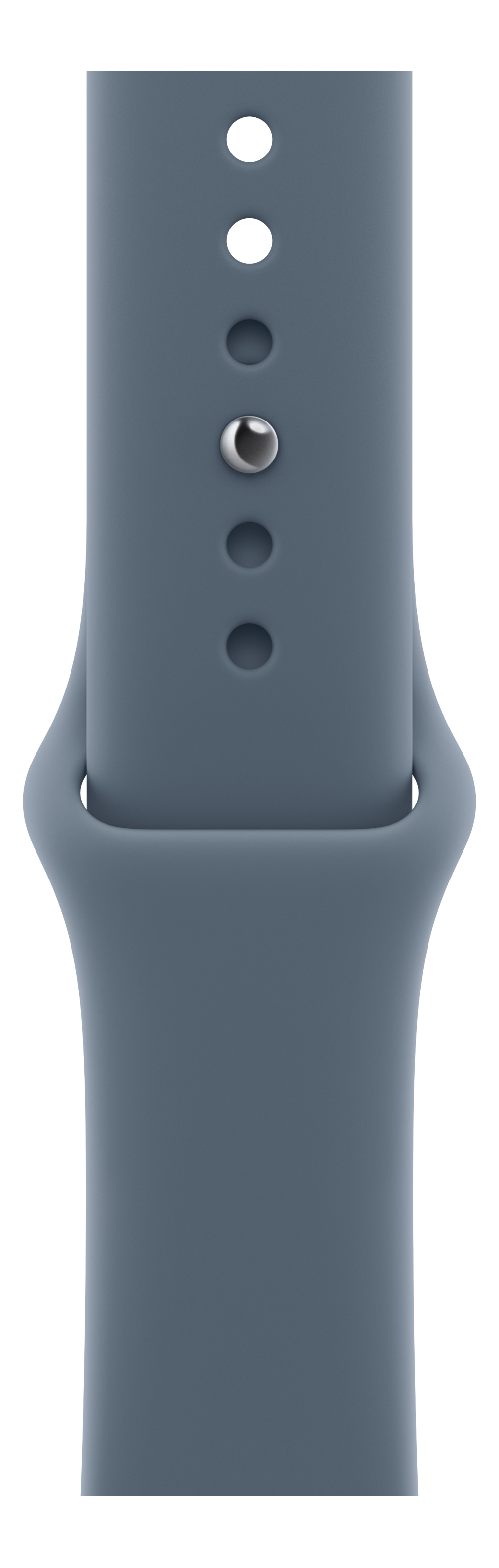 Gros plan sur un bracelet de montre bleu-gris. Il comporte plusieurs trous et un fermoir argenté. Le fond est noir.