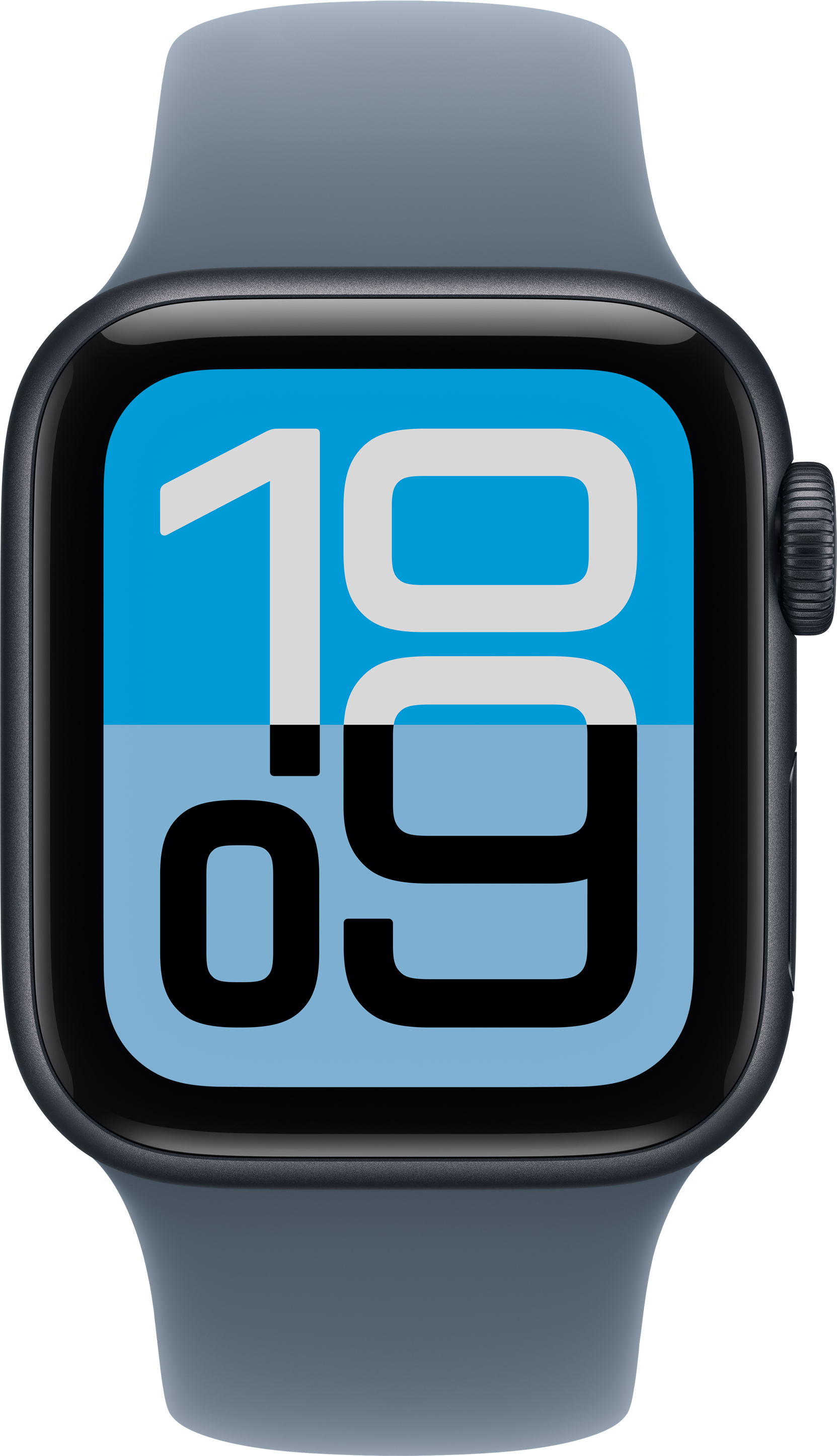 Une montre connectée bleue affiche l'heure '10:09'. La montre a un bracelet bleu et un bord d'écran noir. Le fond est noir.