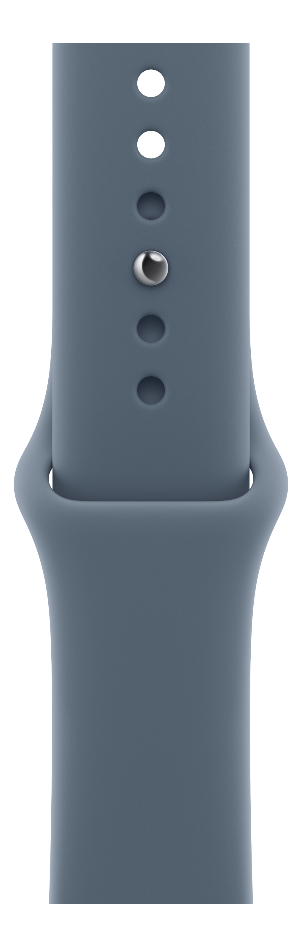 Nahaufnahme eines blau-grauen Uhrenarmbands. Es hat Löcher und einen silbernen Stift. Der Hintergrund ist schwarz.