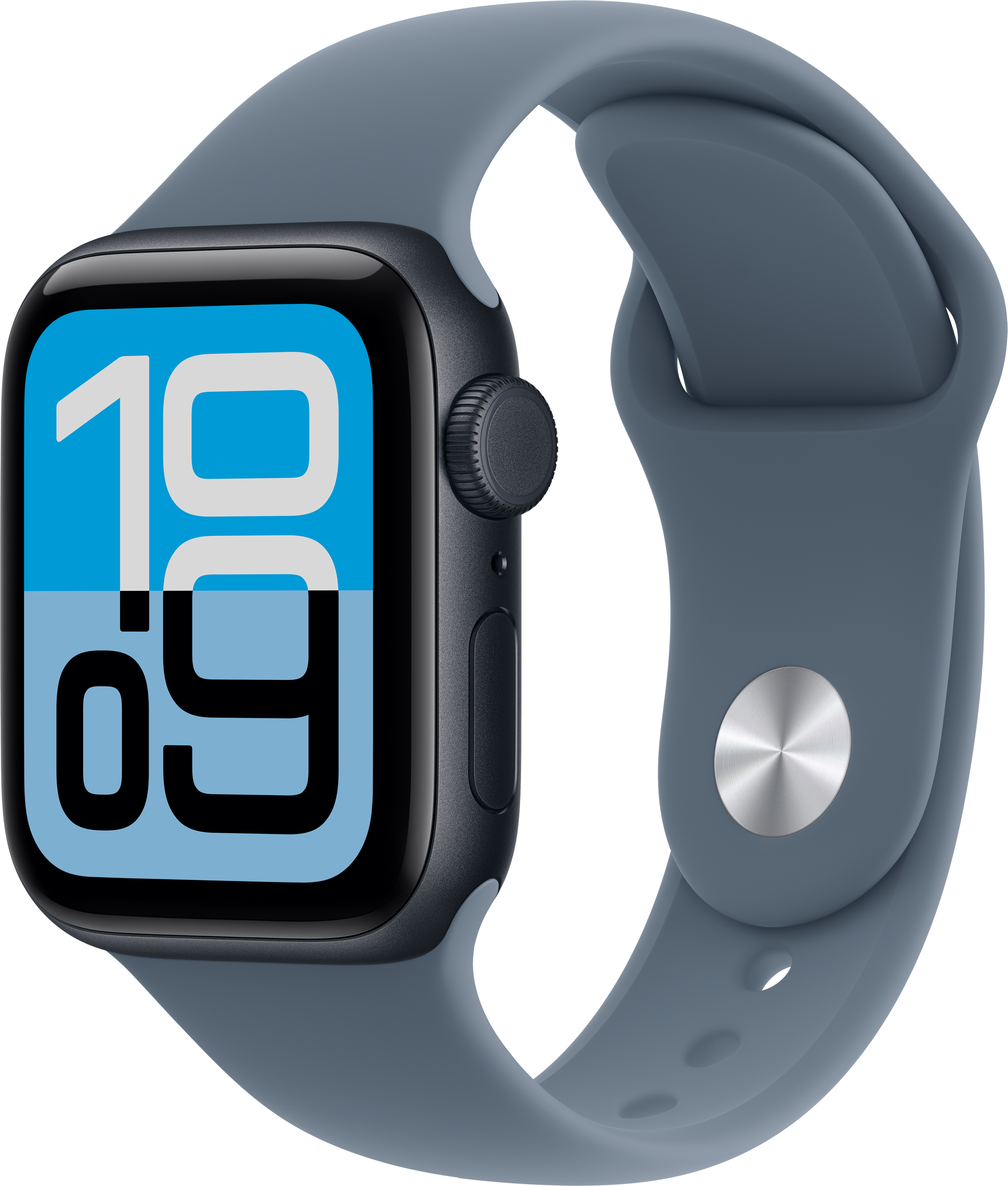 Eine graue Apple Watch zeigt die Uhrzeit 10:09 auf einem blau-weißen Bildschirm an. Sie hat ein graues Armband.