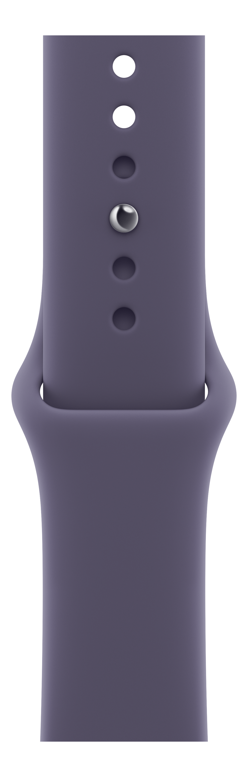 Gros plan sur un bracelet de montre violet avec des trous et un fermoir argenté sur fond noir.