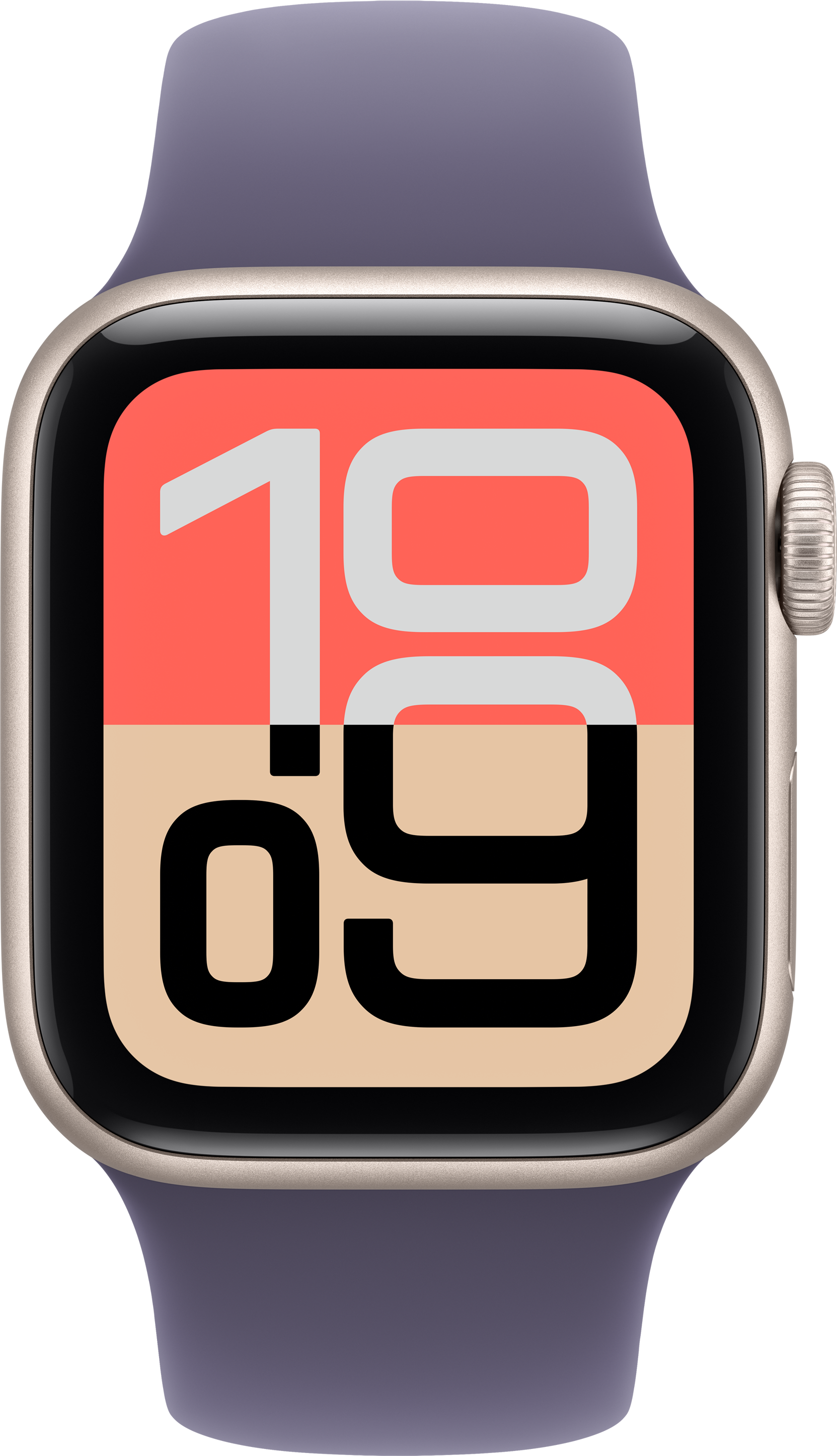 Une Apple Watch SE affiche 10:09. La montre a un boîtier argenté et un bracelet bleu foncé. Le cadran est noir.